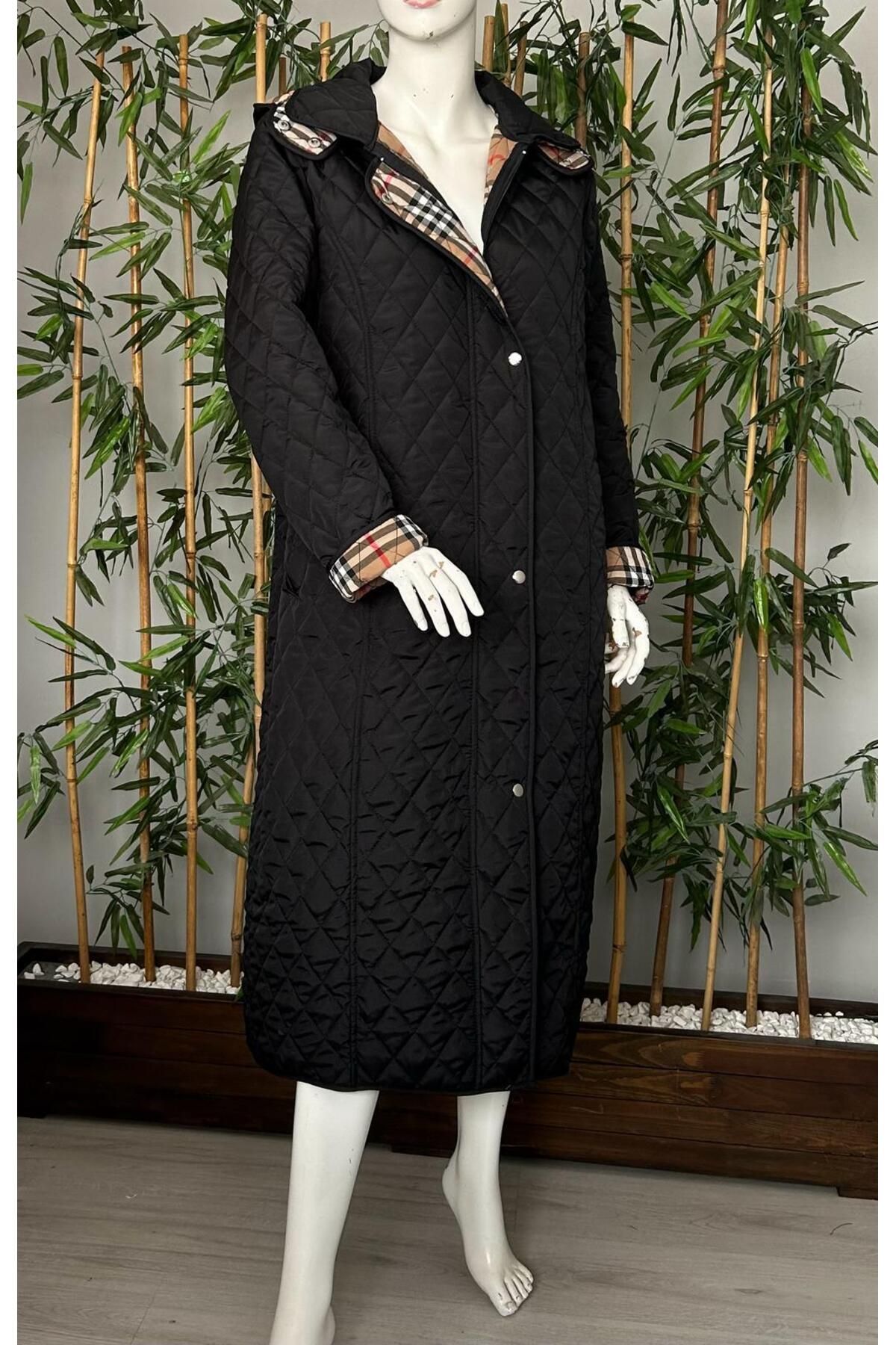 VETRE Kadın Büyük Beden Ekose 120 Cm Mevsimlik Siyah Kapitone Mont 1042