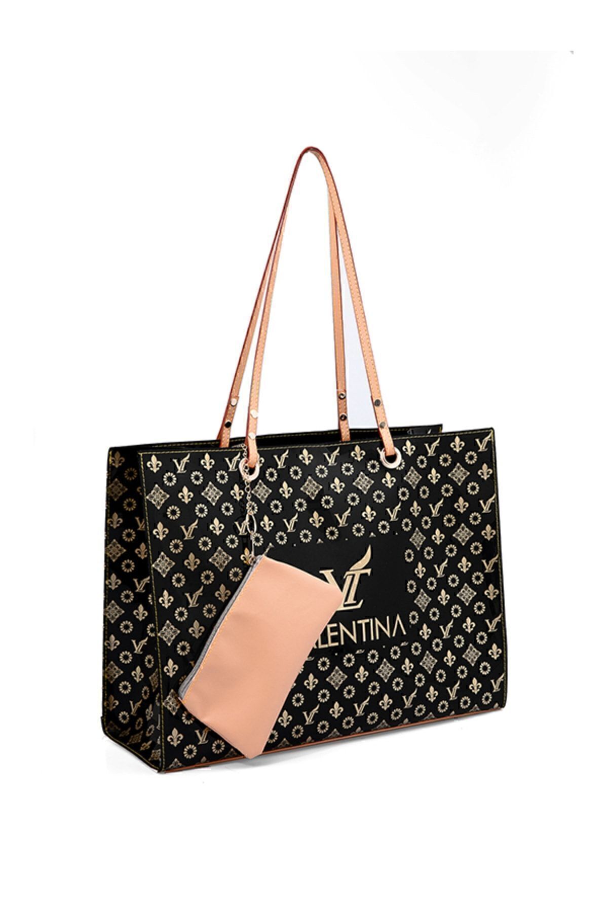 louis valentina Plaj Çantası Kadın Siyah Şeffaf Suni Deri Saplı Içcepli Beach Bag El Çantası görsel 5