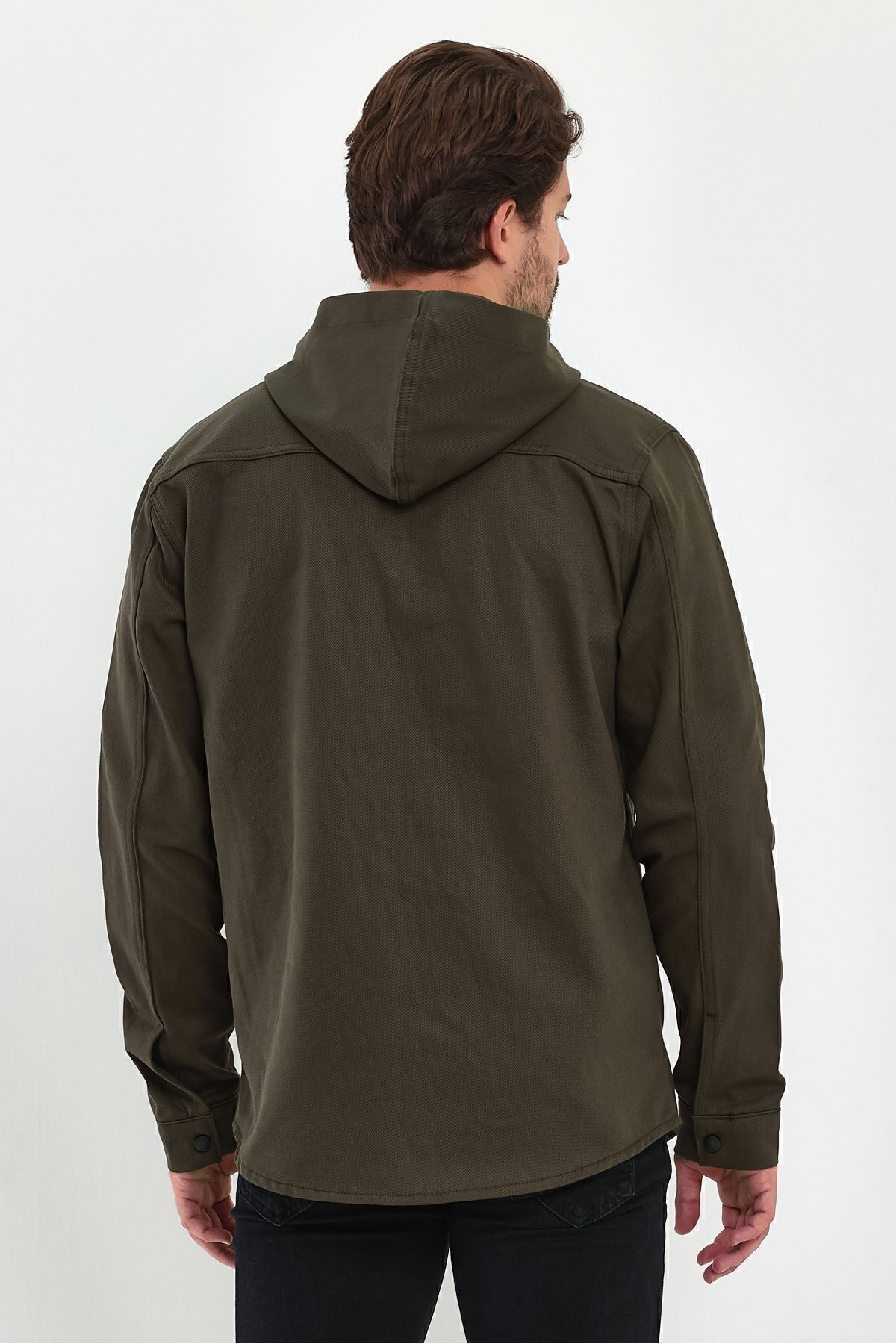 THE RULE-Men's Khaki Regular Fit Hooded Denim Jacket with Snap Button Detail 6