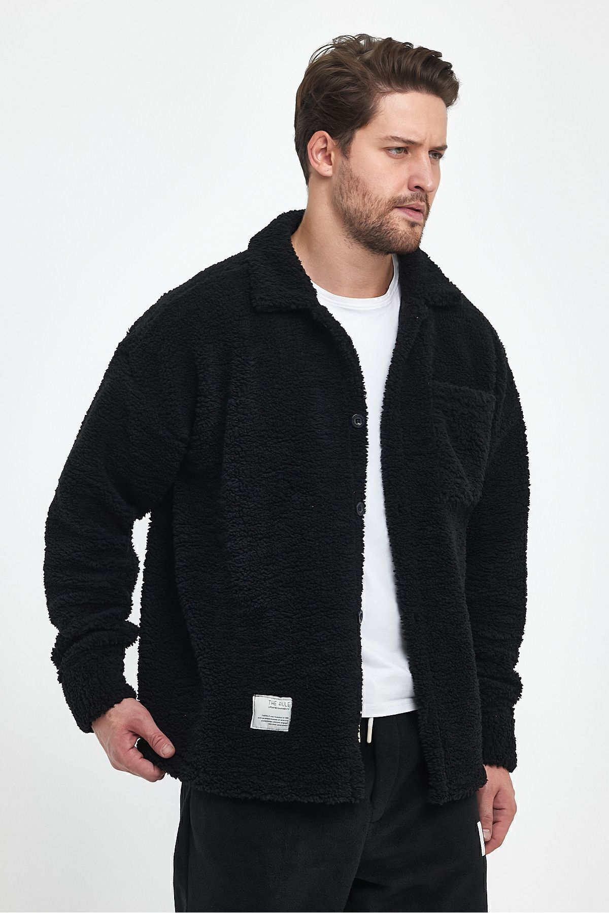 THE RULE Erkek Siyah Peluş Oversize Fit Gömlek Yaka Kışlık Rahat Tek Cepli Ceket görsel 2