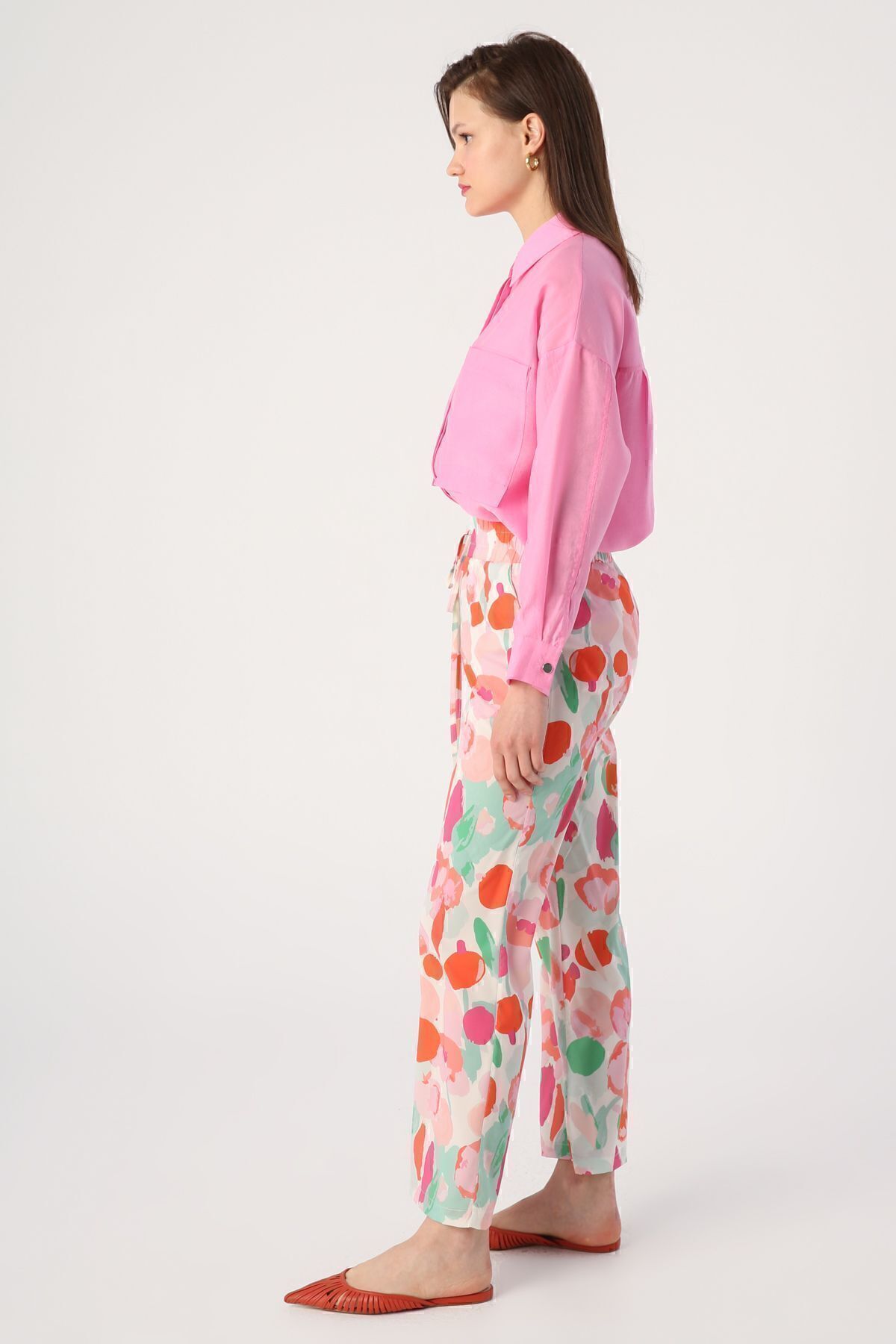 ALLDAY-White-Pink Patterned Comfortable Fit Trousers with Elastic Waist 2