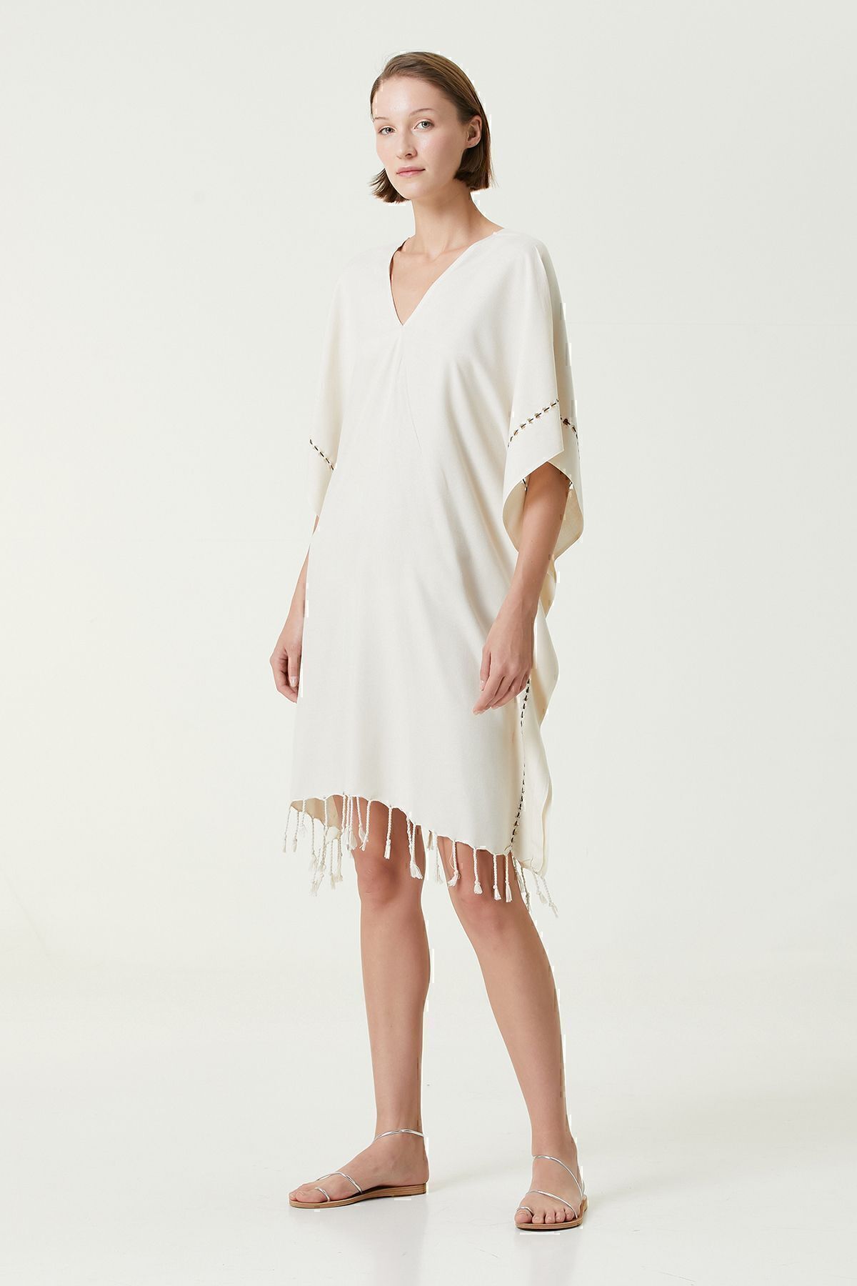 [Layla V Yaka Plaj Elbisesi Bej]