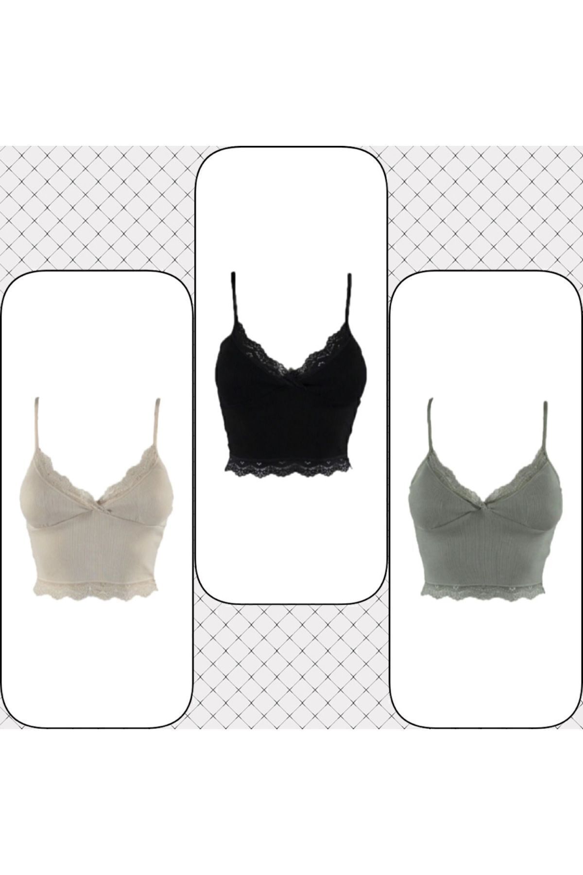 3lü Crop Takım Askılı Dantelli Pedli Büstiyer Bluz