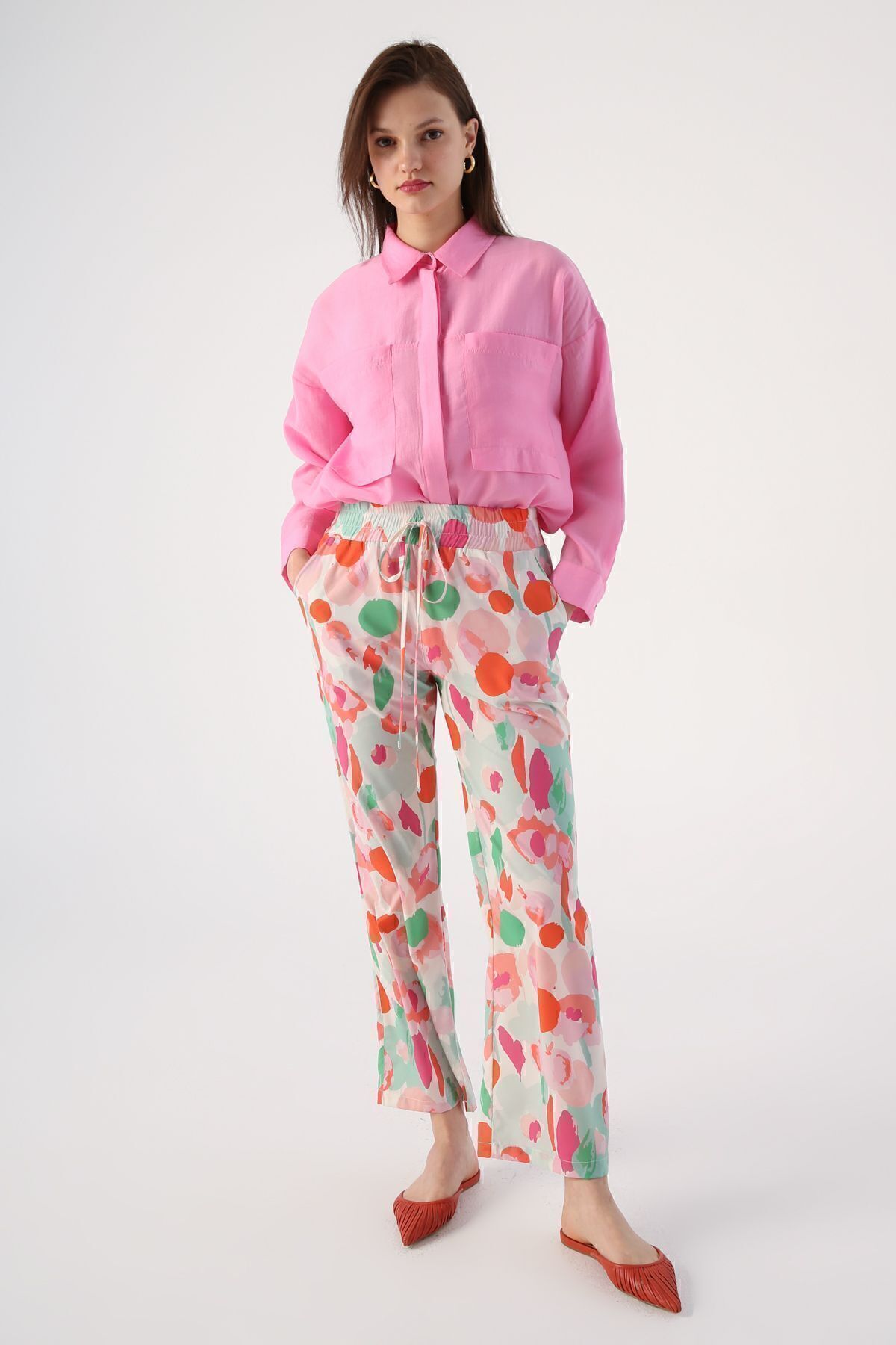 ALLDAY-White-Pink Patterned Comfortable Fit Trousers with Elastic Waist 3