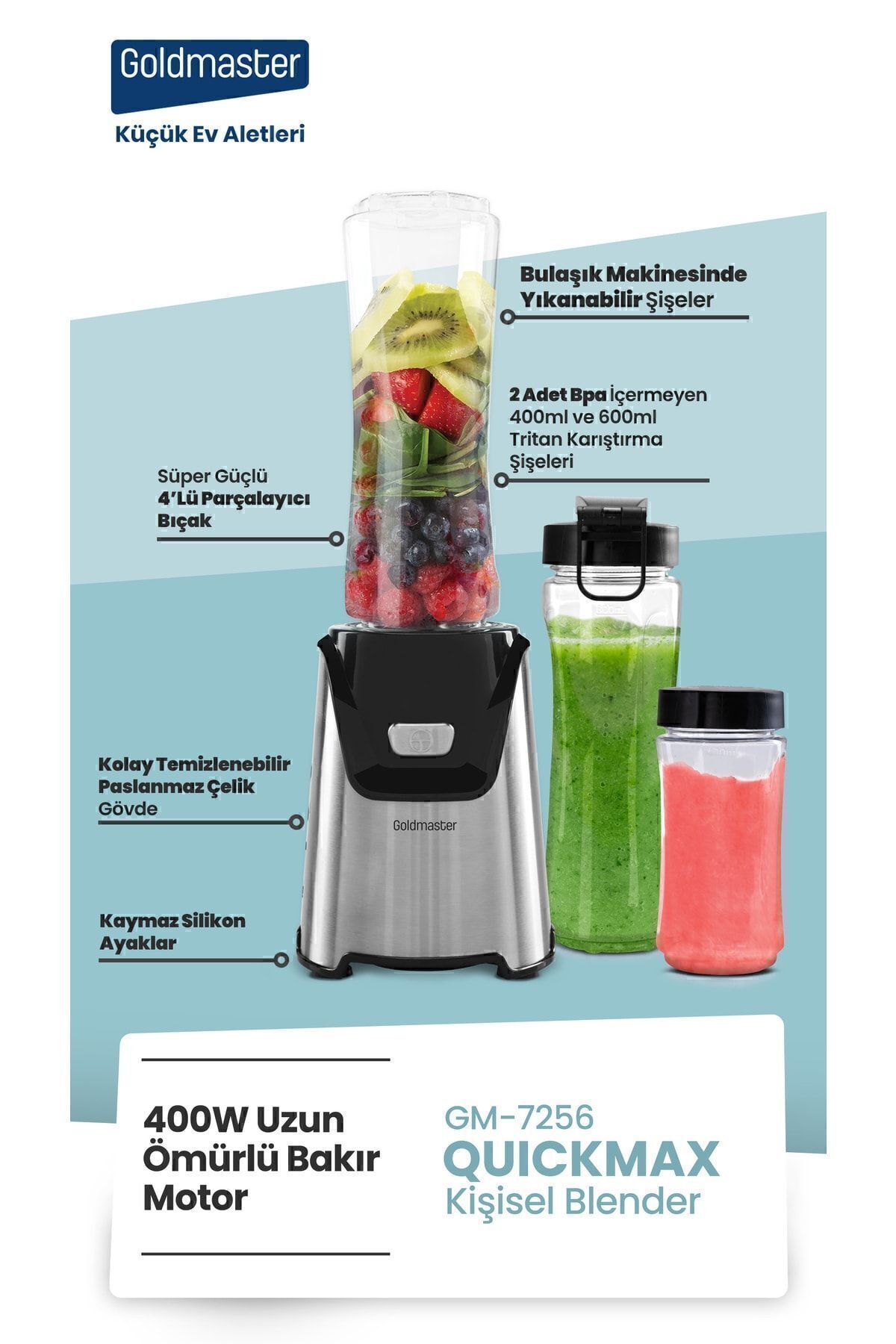 GOLDMASTER-خلاط عصير شخصي من كويك ماكس إينوكس مع 2 زجاجة تريتان خالية من مادة BPA 5