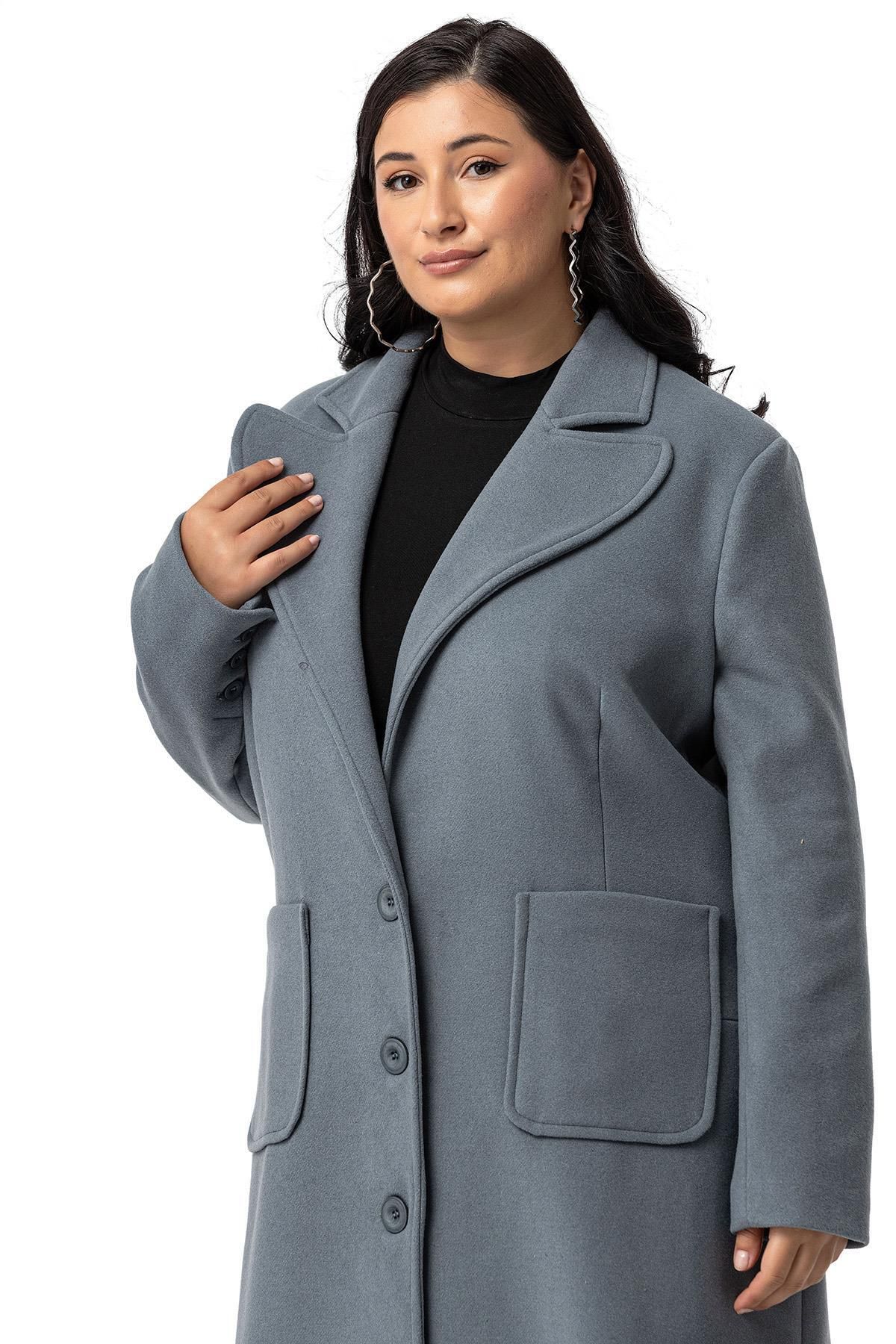 DISENTIS MODEST-Μακρύ μπλε παλτό με κασμίρ - Plus Size, Τσέπη τσάντας και επένδυση 4