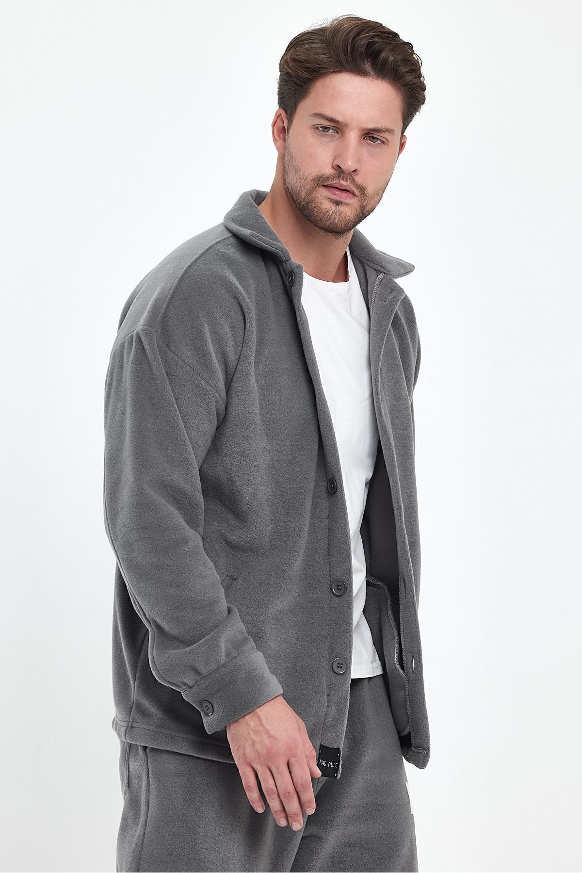 THE RULE  Erkek Oversize Tüylenme Yapmayan Soğuk Geçirmez Bol Kesim Gömlek Yaka Ice Gri Polar Hırka Rf0312 - Görsel 3