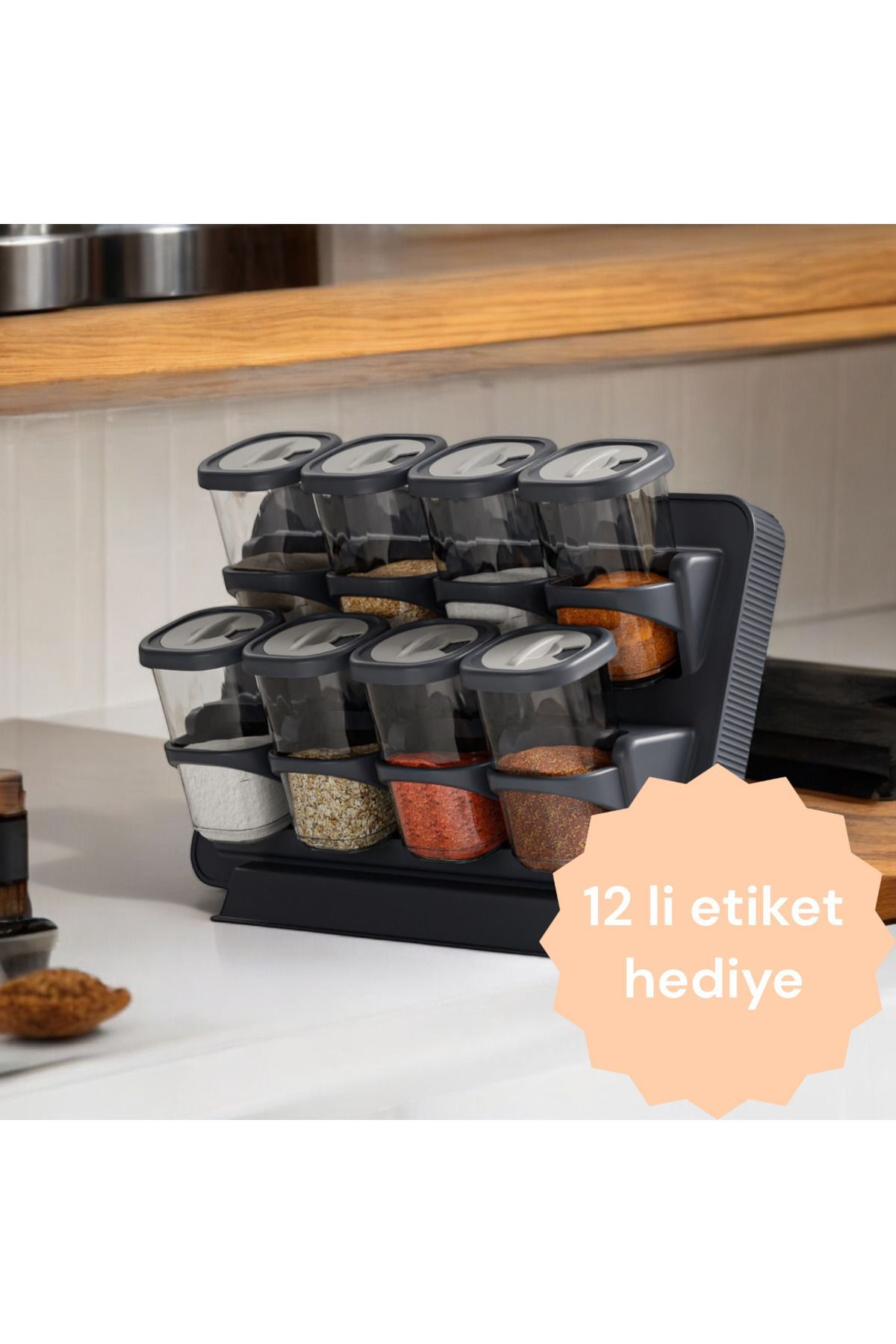 FERAH PLASTİK-8-Piece Spice Rack Set - Rotating Lid, Stand, Wall Mounted, Rotating Lid 1