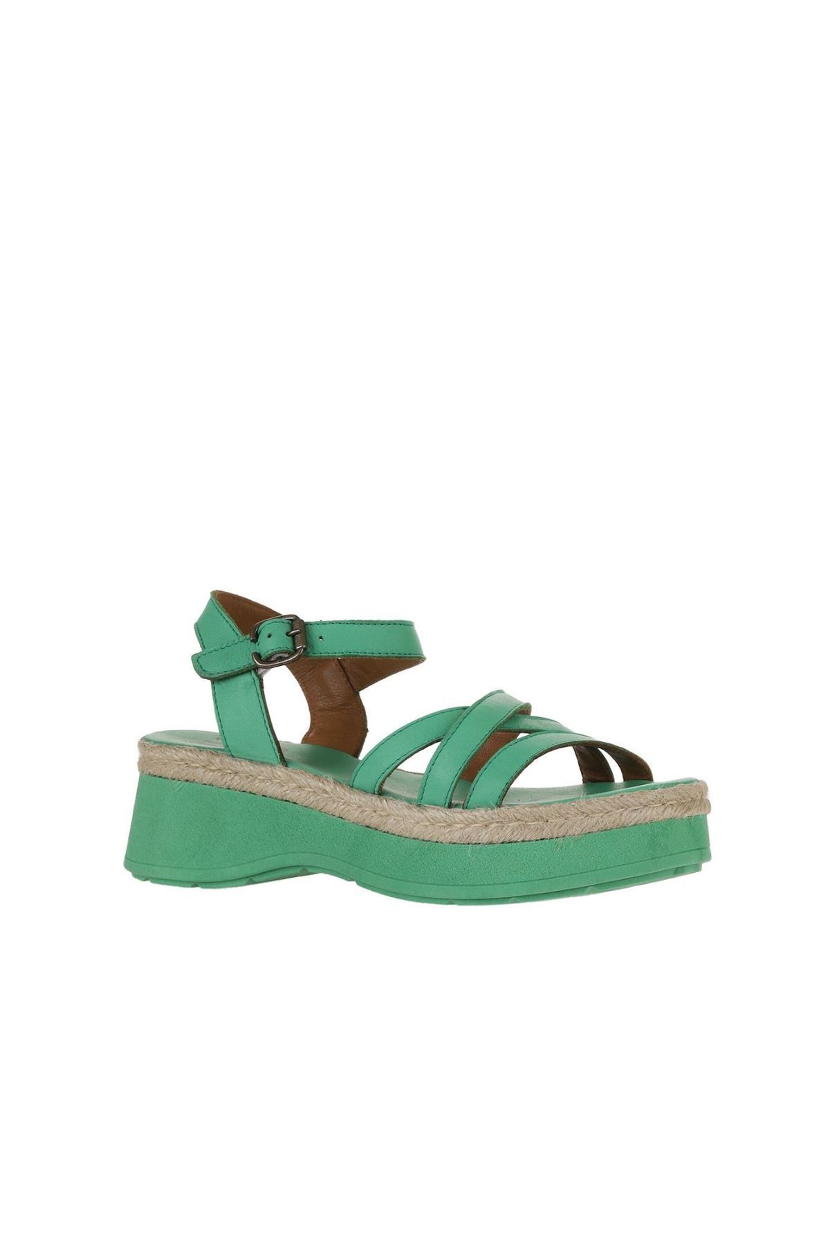 Bueno Shoes-Sandale de damă din piele verde închis - toc pană 01wy8203 3