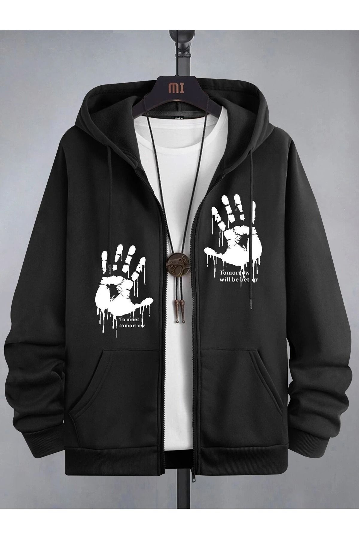 FoxSkin Sportswear&Company Tomorrow Hands Fermuarlı Kışlık Hırka - Siyah Baskılı Oversize Şardonlu Kapüşonlu