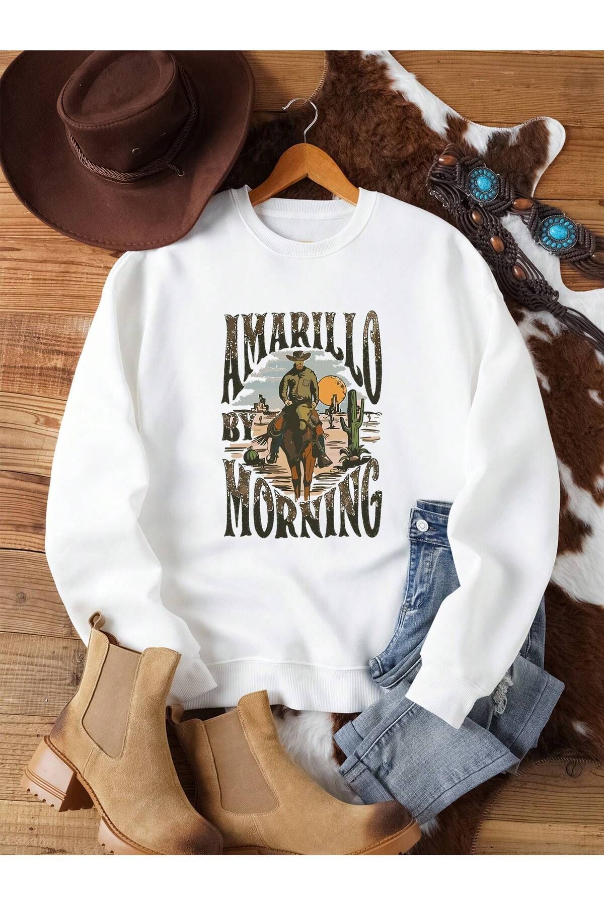 FoxSkin Sportswear&Company Amarillo Morning Kışlık Sweatshirt - Beyaz Baskılı Oversize Şardonlu Bisiklet Yaka