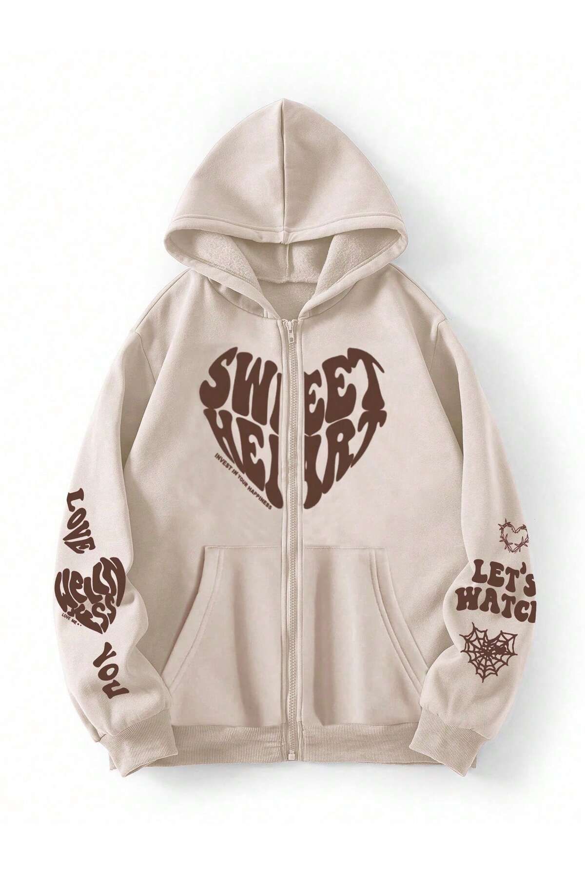 FoxSkin Sportswear&Company Sweet Heart Kışlık Hırka - Bej Baskılı Oversize Şardonlu Kapüşonlu