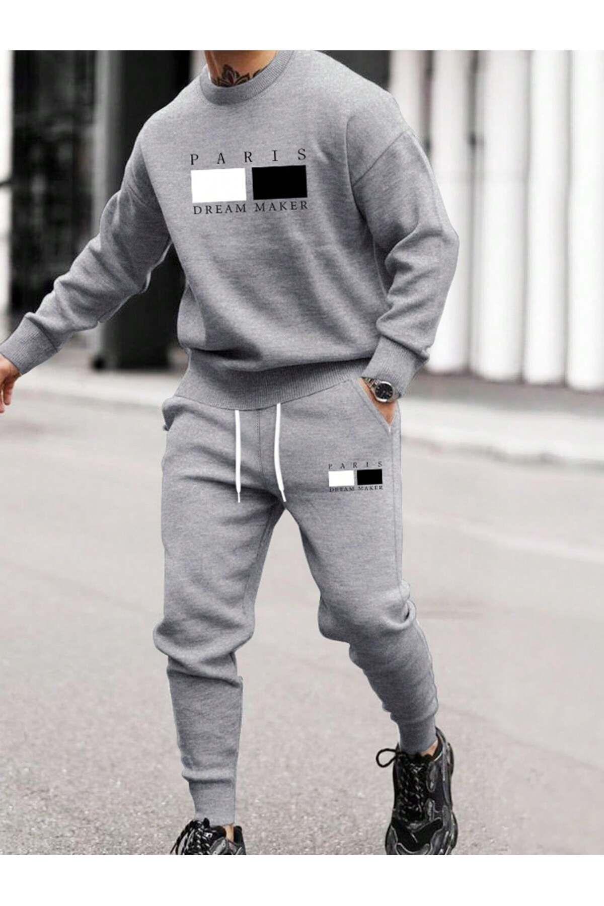 FoxSkin Sportswear&Company Paris Dream Maker Sweatshirt Jogger - Gri Baskılı Alt Üst Eşofman Takımı Bisiklet Yaka