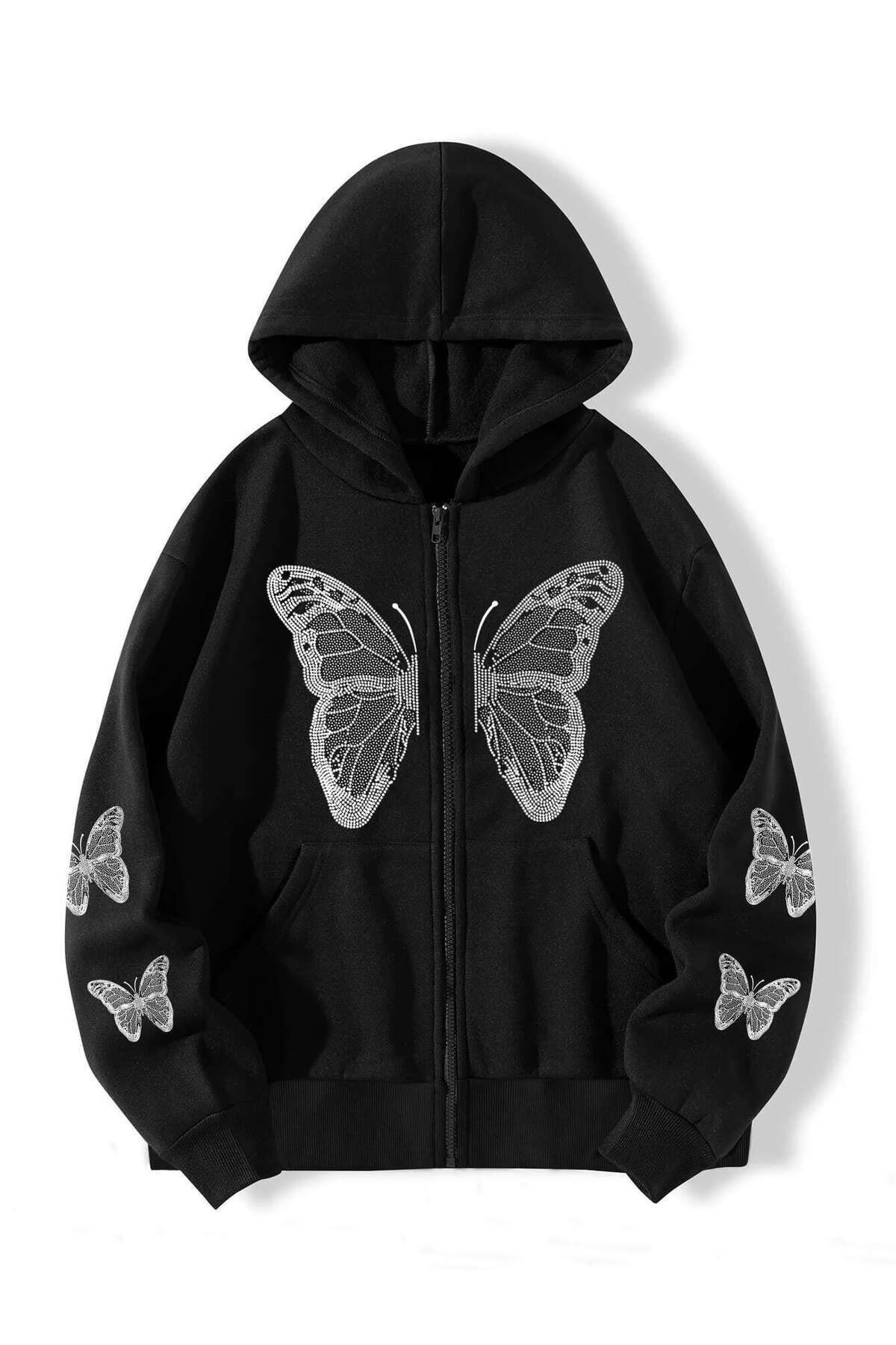 FoxSkin Sportswear&Company Kelebekli Detay Fermuarlı Kışlık Hırka - Siyah Baskılı Oversize Şardonlu Kapüşonlu