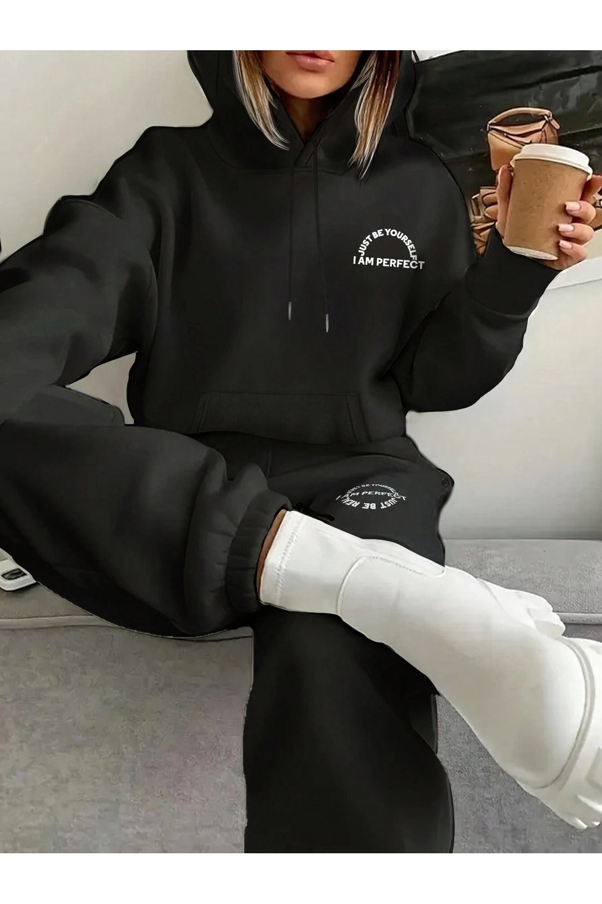 FoxSkin Sportswear&Company I Am Perfect Sweatshirt Eşofman Altı Jogger - Siyah Baskılı Alt Üst Eşofman Takımı Kapüşonlu