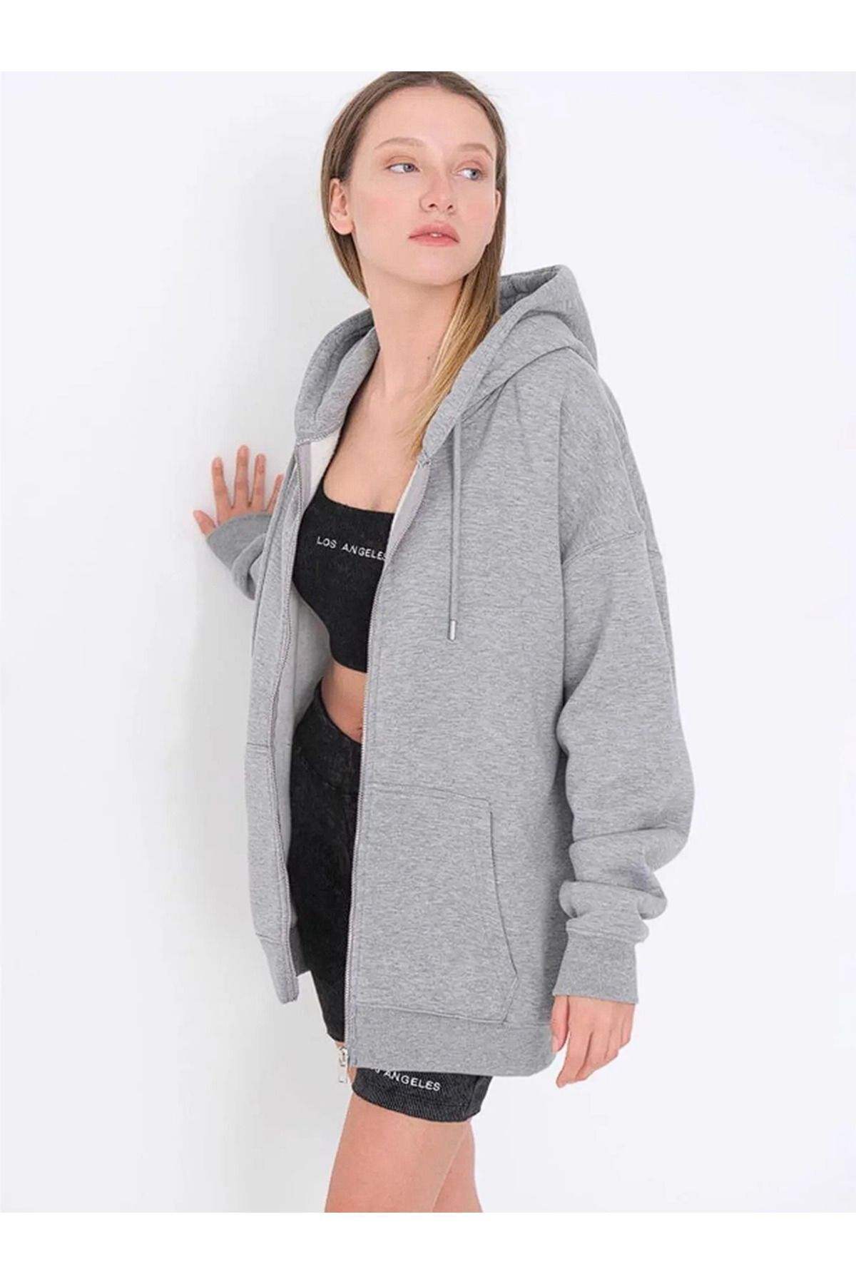 FoxSkin Sportswear&Company Kapüşonlu Çeket Hırka Unisex Oversize Basic 3 Iplik Şardonlu