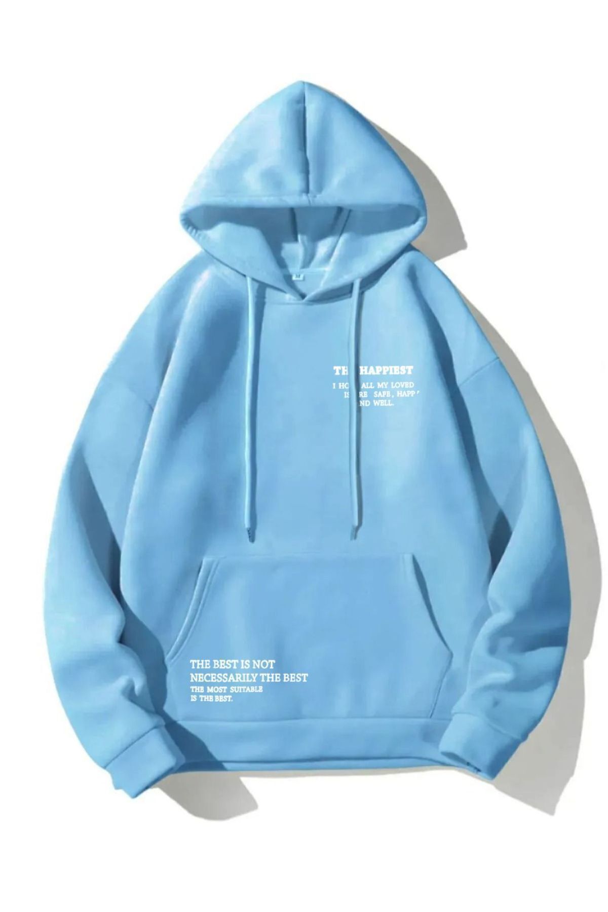 FoxSkin Sportswear&Company The Happiest Kalın Kışlık Sweatshirt - Bebe Mavi Baskılı Oversize Şardonlu Cepli Kapüşonlu