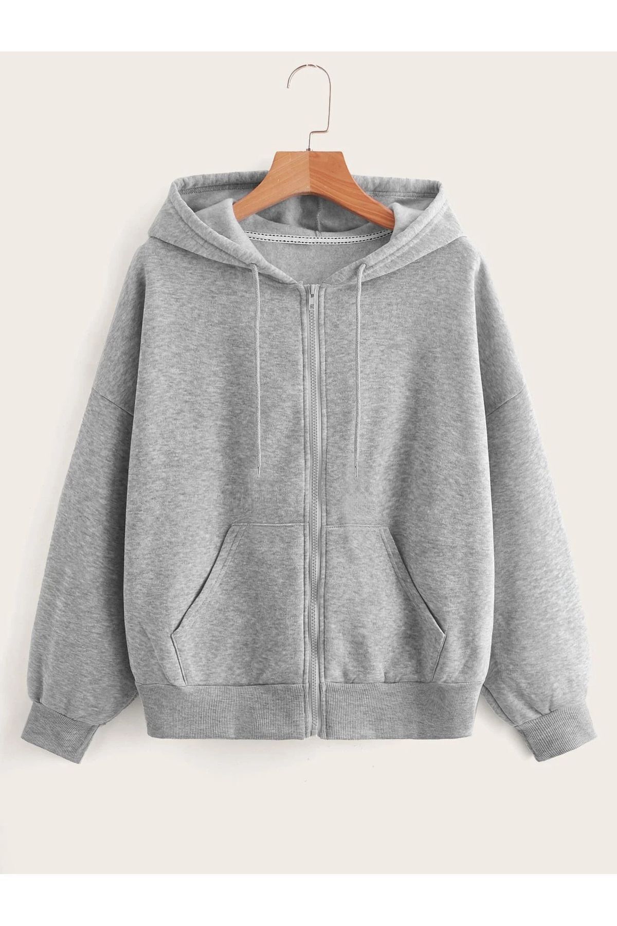 FoxSkin Sportswear&Company Ayıcık Fermuarlı Kışlık Hırka - Gri Baskılı Oversize Şardonlu Kapüşonlu
