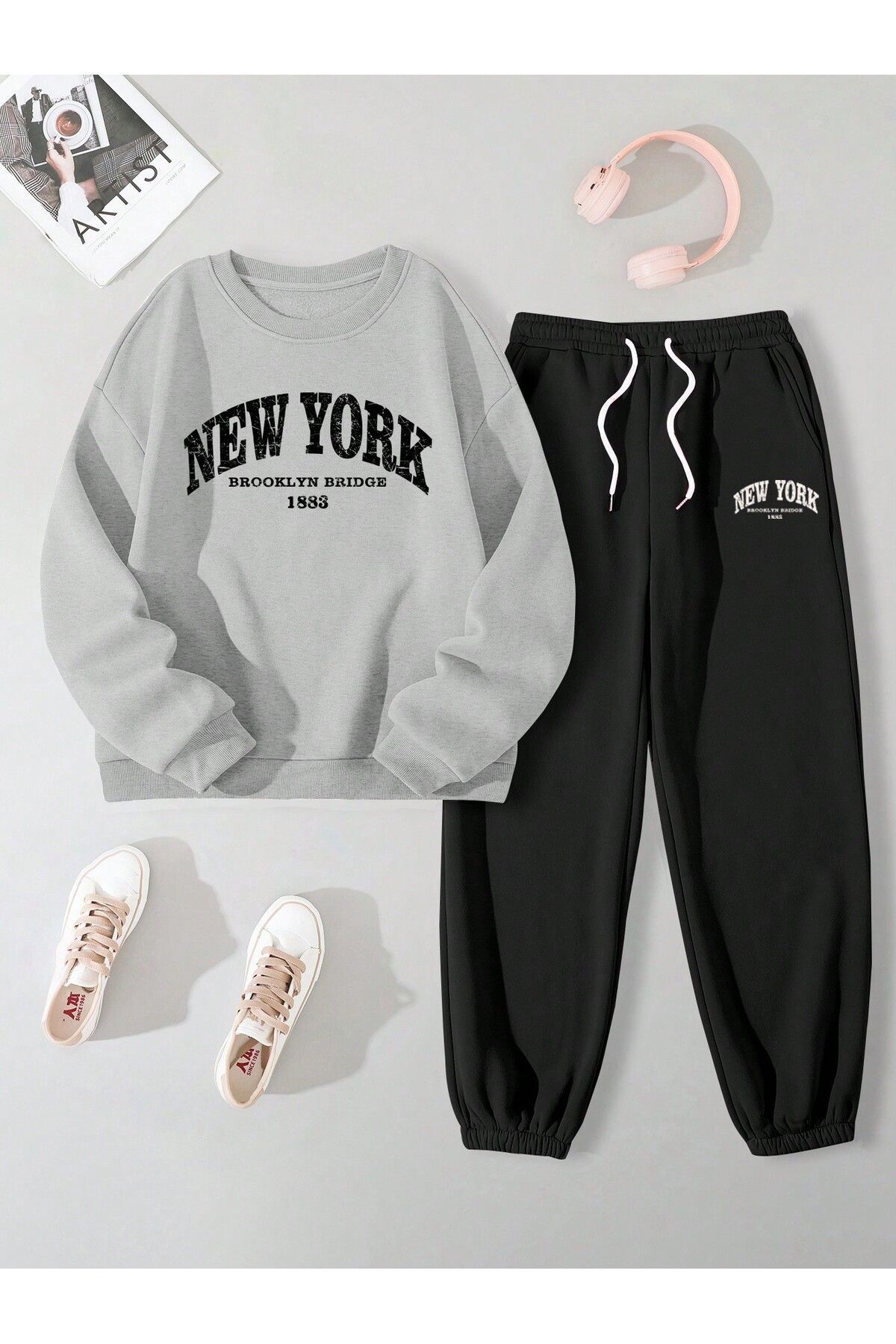 FoxSkin Sportswear&Company New York 1883 Sweatshirt Jogger - Gri Siyah Baskılı Alt Üst Eşofman Takımı Bisiklet Yaka