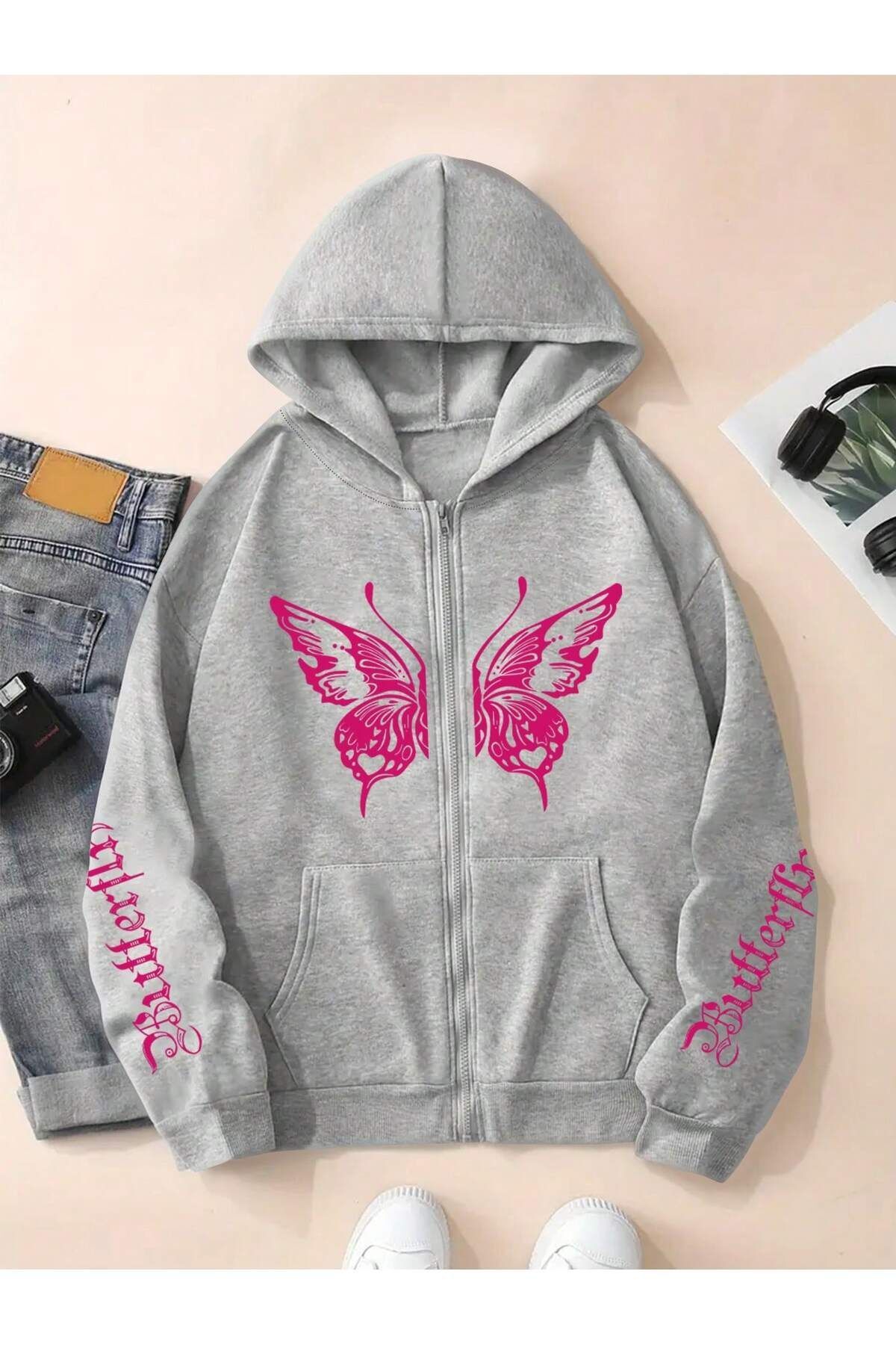 FoxSkin Sportswear&Company Butterfly Detaylı Fermuarlı Kışlık Hırka - Gri Baskılı Oversize Şardonlu Kapüşonlu