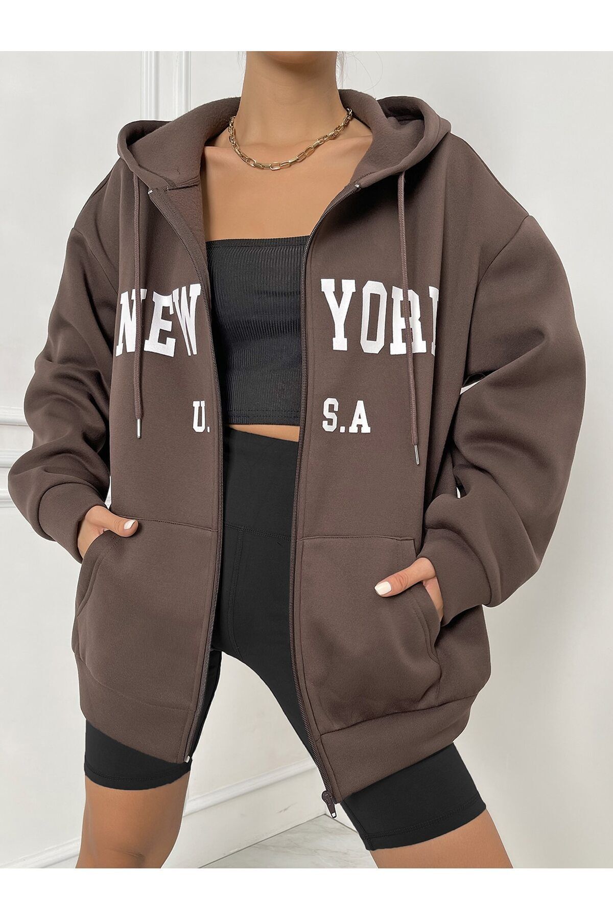 FoxSkin Sportswear&Company New York Fermuarlı Kışlık Hırka - Kahverengi Baskılı Oversize Şardonlu Kapüşonlu