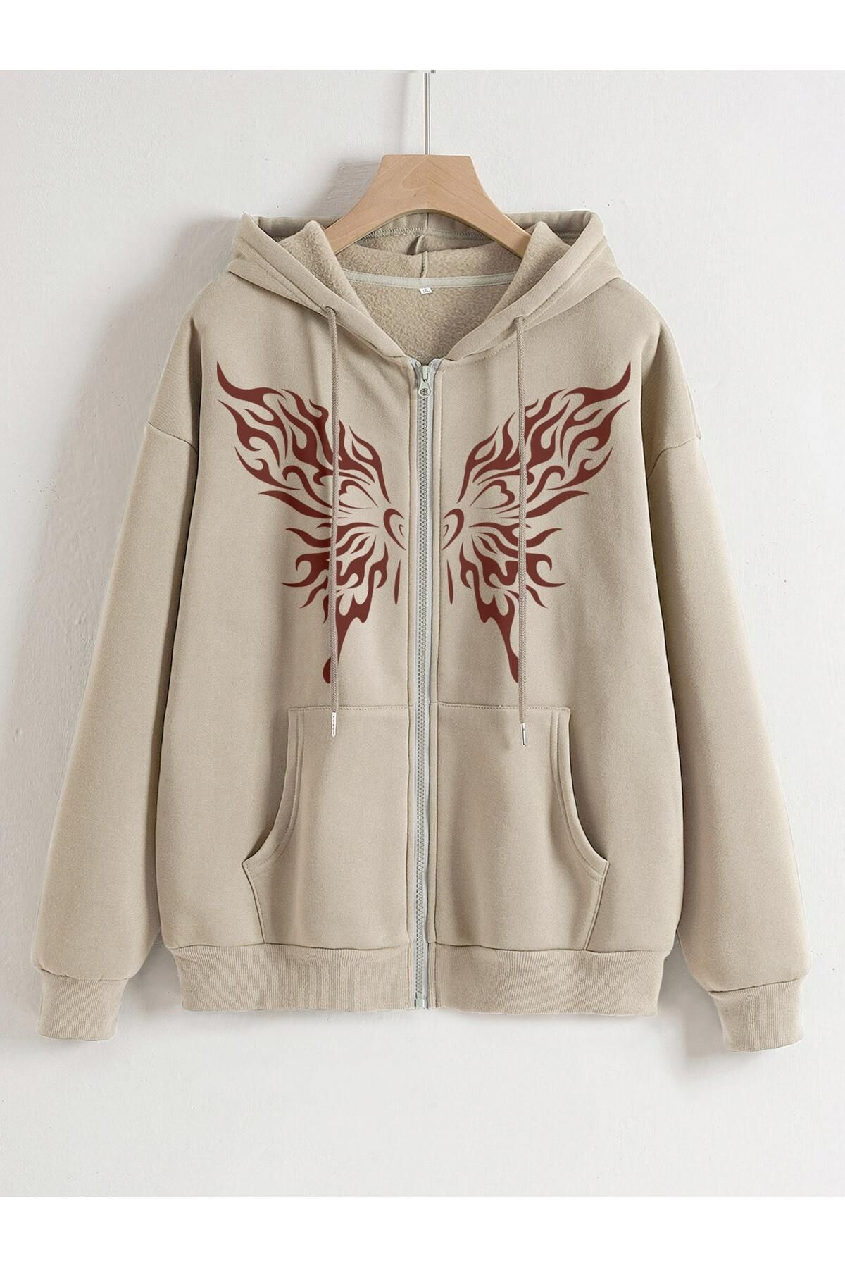 FoxSkin Sportswear&Company Kelebek Desen Fermuarlı Kışlık Hırka - Bej Baskılı Oversize Şardonlu Kapüşonlu