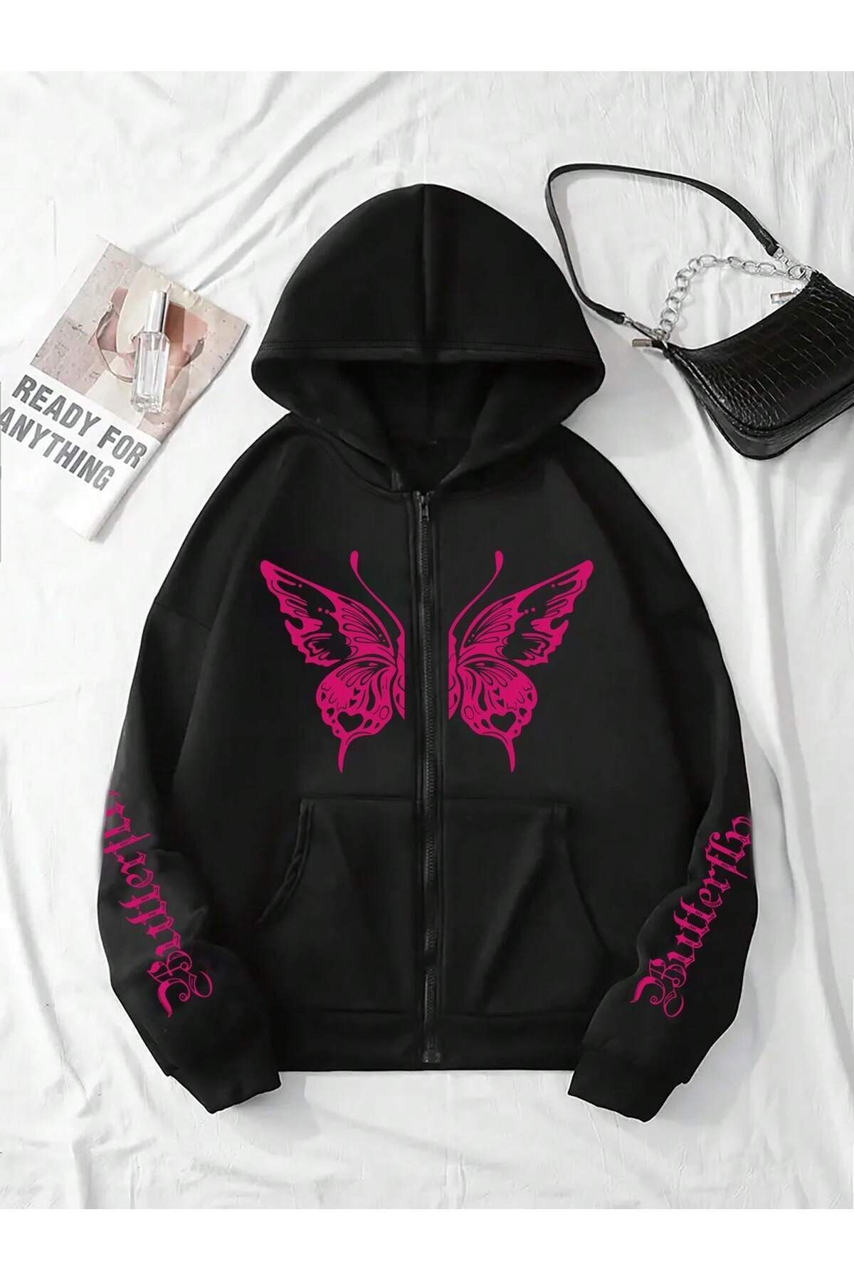 FoxSkin Sportswear&Company Butterfly Detaylı Fermuarlı Kışlık Hırka - Siyah Baskılı Oversize Şardonlu Kapüşonlu