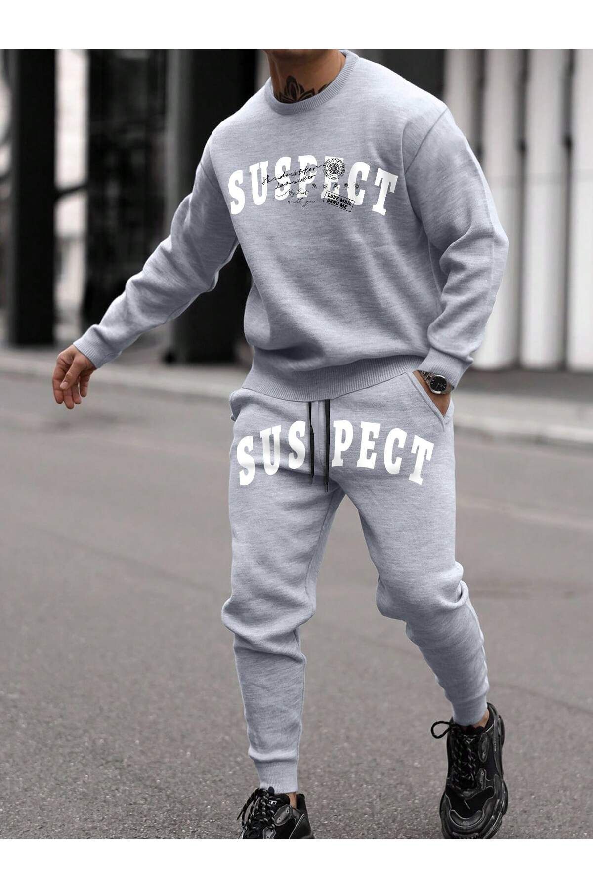 FoxSkin Sportswear&Company Suspect Sweatshirt Jogger - Gri Baskılı Alt Üst Eşofman Takımı Bisiklet Yaka