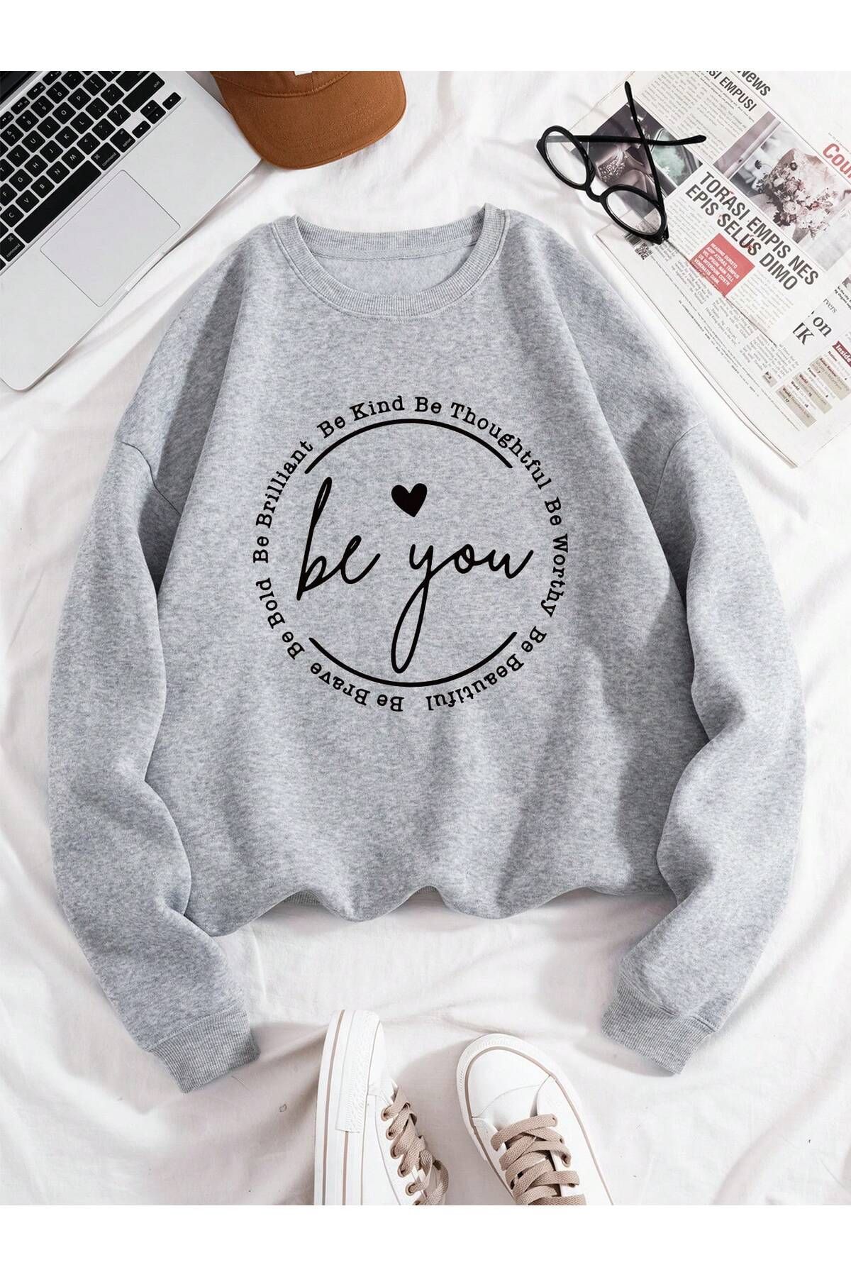 FoxSkin Sportswear&Company Be You Kışlık Sweatshirt - Gri Baskılı Oversize Şardonlu Bisiklet Yaka