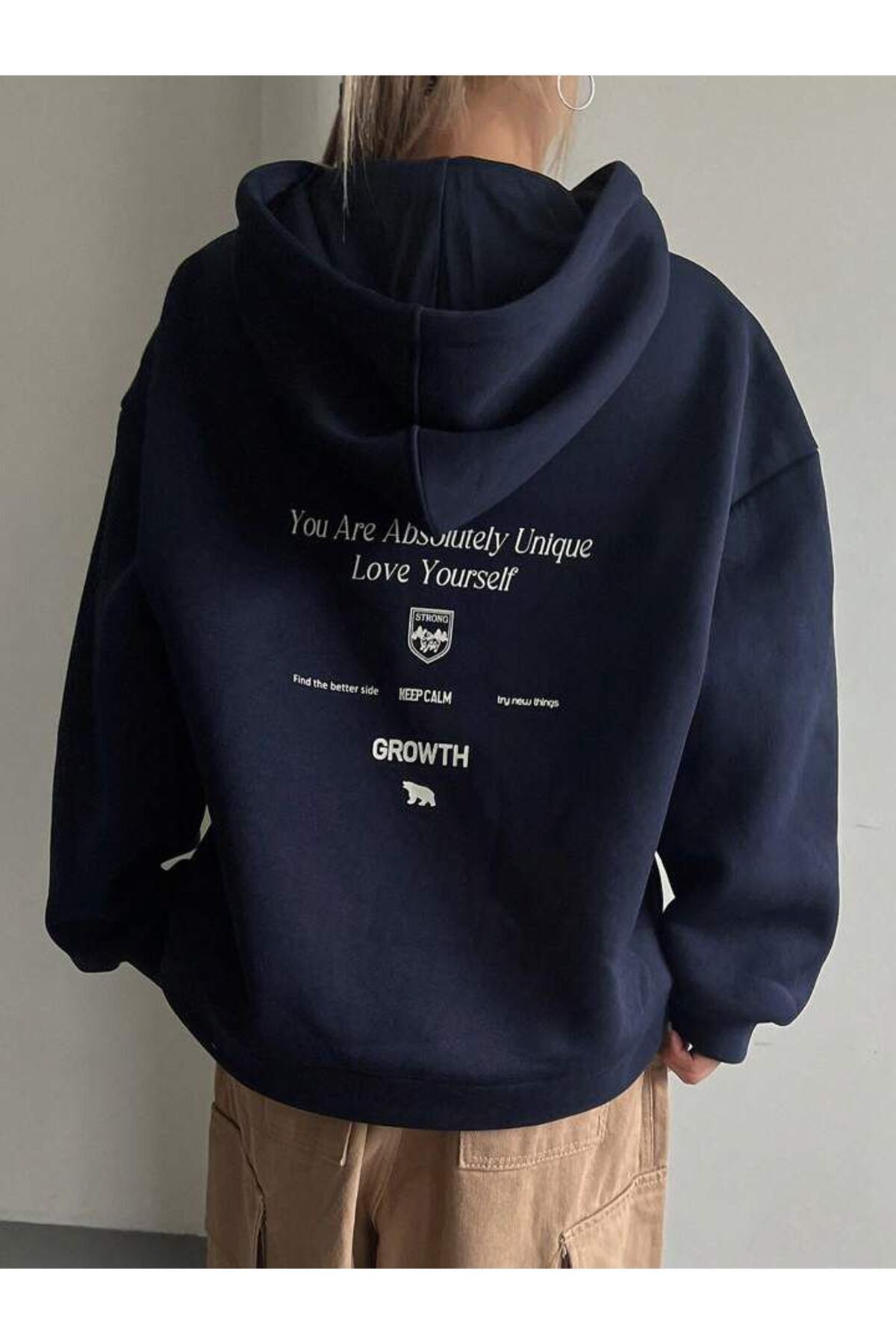 FoxSkin Sportswear&Company Absolutely Unique Kalın Kışlık Sweatshirt - Lacivert Baskılı Oversize Şardonlu Cepli Kapüşonlu