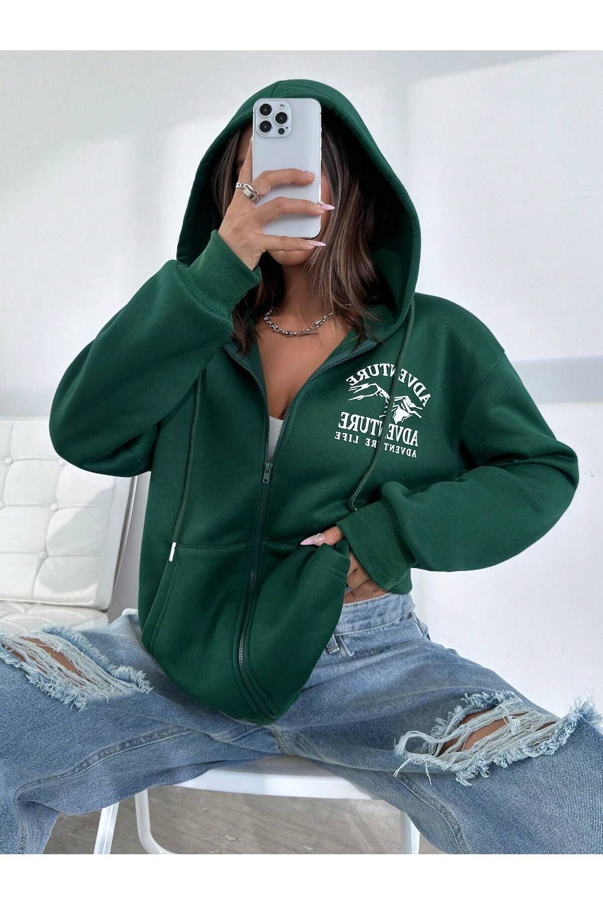 FoxSkin Sportswear&Company Adventure Fermuarlı Kışlık Hırka - Nefti Yeşil Baskılı Oversize Şardonlu Kapüşonlu