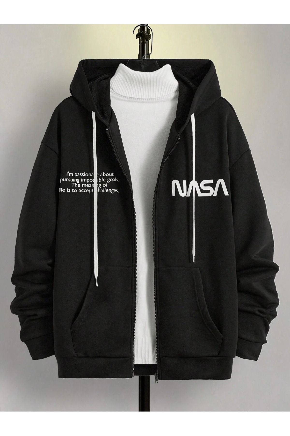 FoxSkin Sportswear&Company Nasa Fermuarlı Kışlık Hırka - Siyah Baskılı Oversize Şardonlu Kapüşonlu