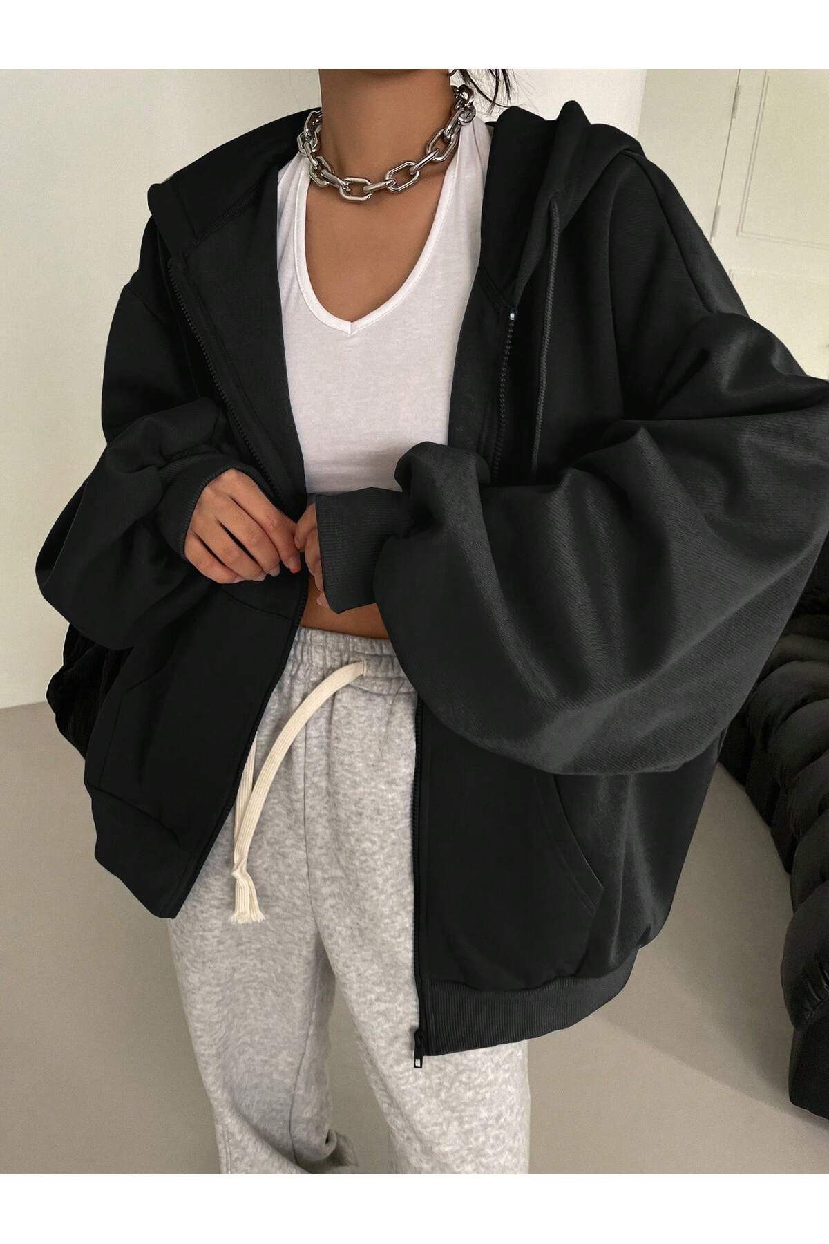 FoxSkin Sportswear&Company Baskısız Fermuarlı Kışlık Hırka - Siyah Oversize Şardonlu Kapüşonlu