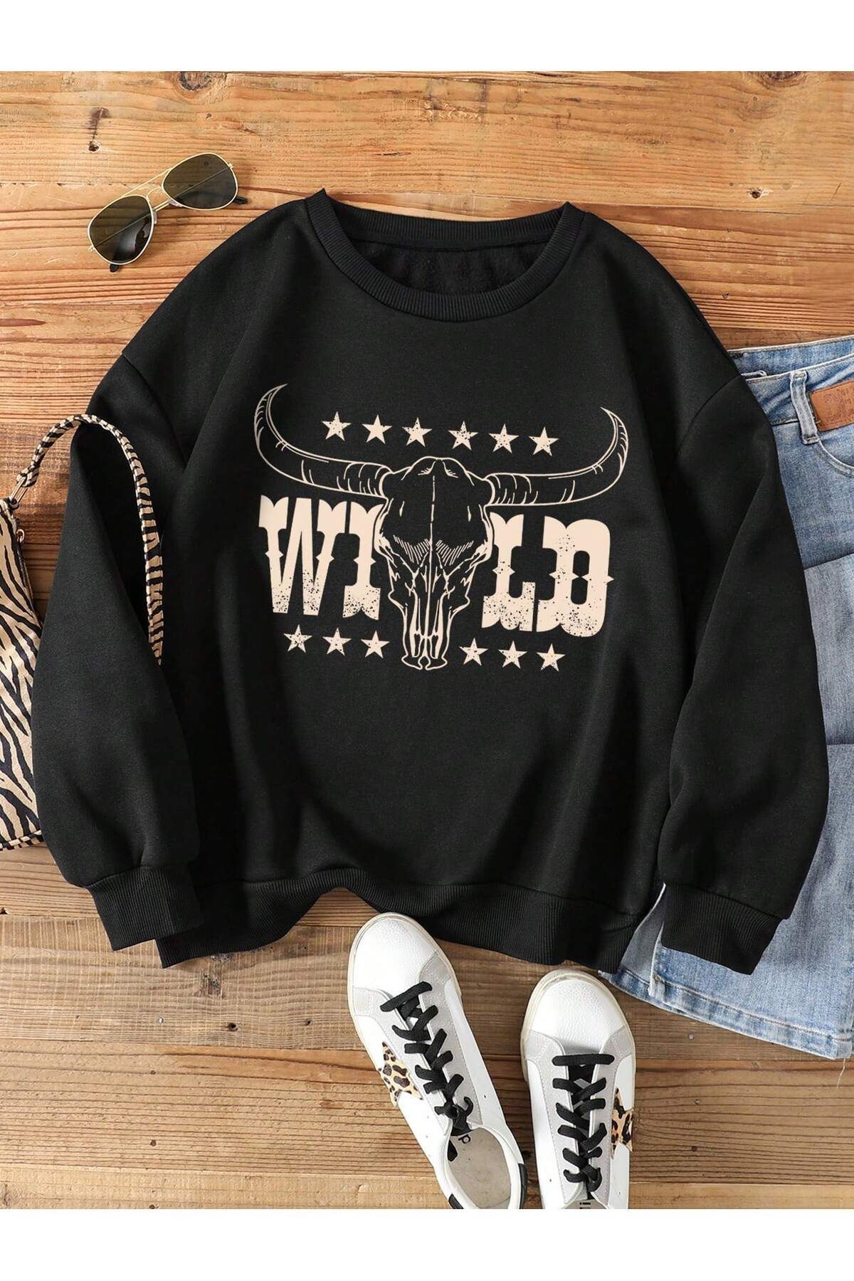 FoxSkin Sportswear&Company Wild Boynuz Kalın Kışlık Sweatshirt - Siyah Baskılı Oversize Şardonlu Bisiklet Yaka