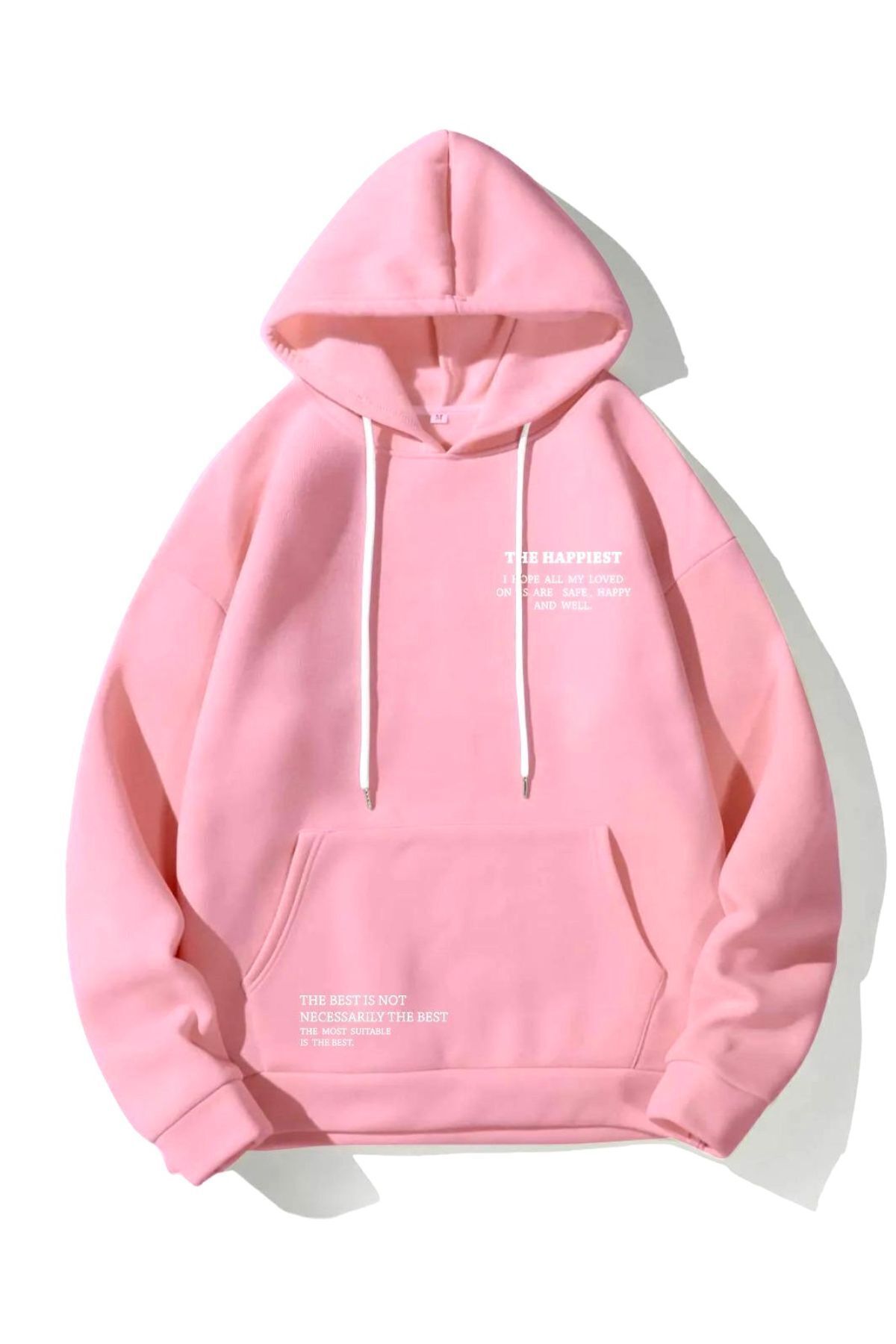 FoxSkin Sportswear&Company The Happiest Kalın Kışlık Sweatshirt - Pembe Baskılı Oversize Şardonlu Cepli Kapüşonlu