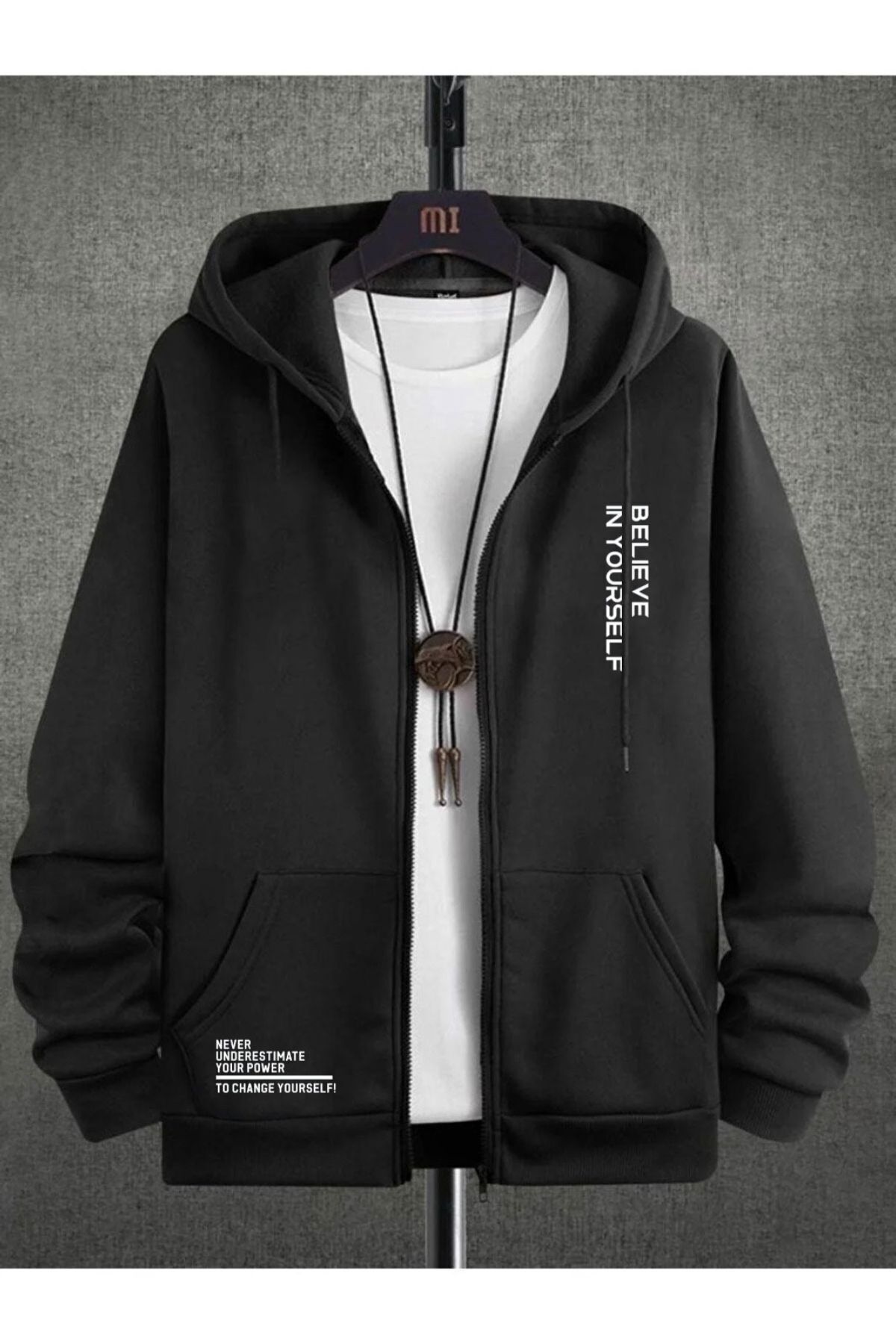 FoxSkin Sportswear&Company Believe Yourself Fermuarlı Kışlık Hırka - Siyah Baskılı Oversize Şardonlu Kapüşonlu