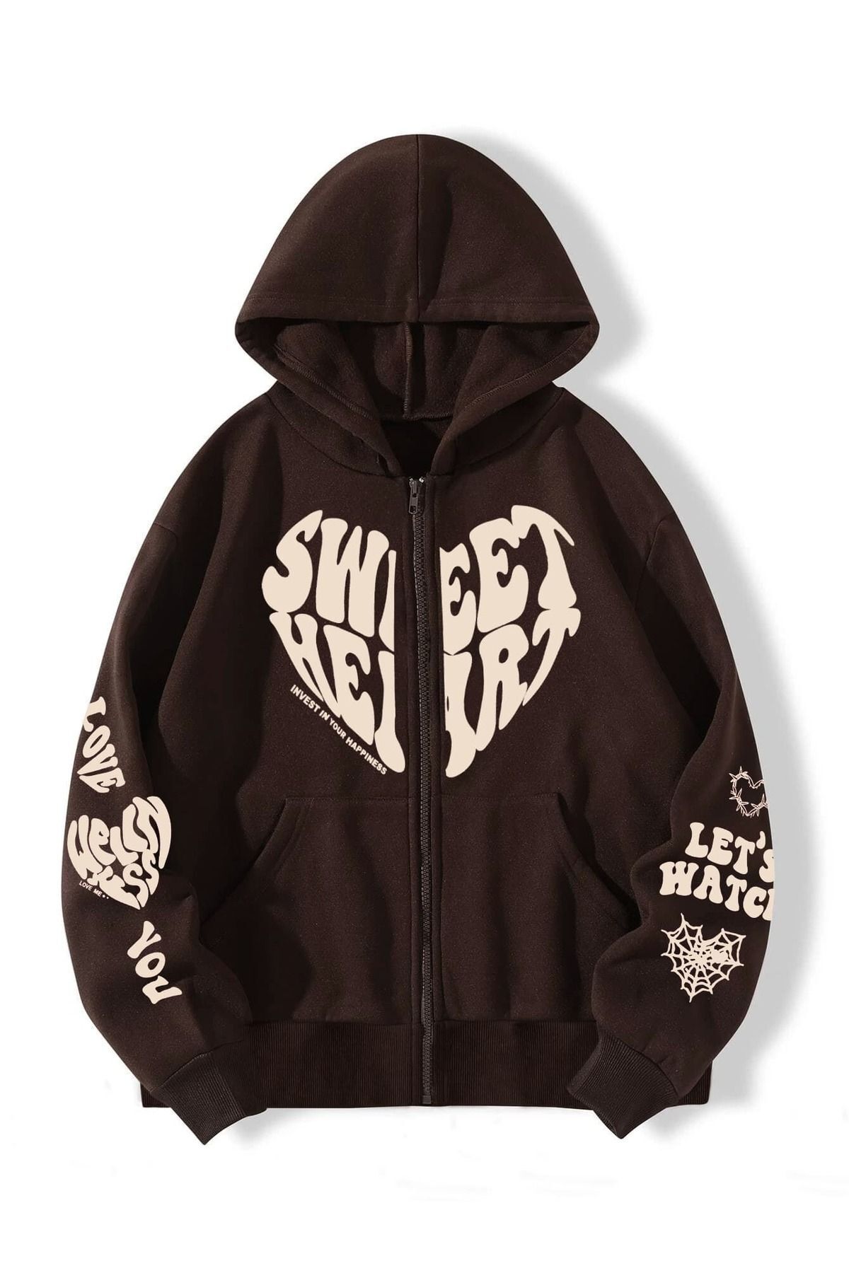 FoxSkin Sportswear&Company Sweet Heart Kışlık Hırka - Kahverengi Baskılı Oversize Şardonlu Kapüşonlu