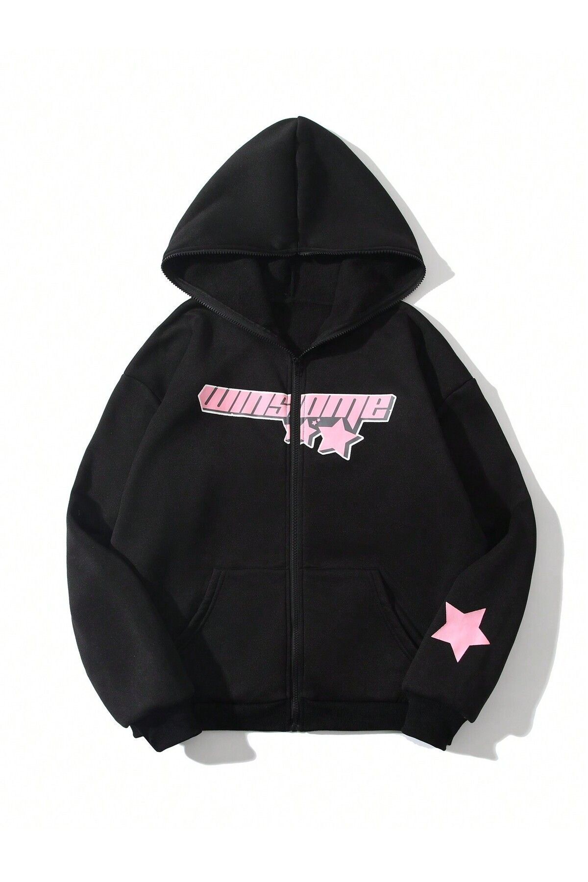 FoxSkin Sportswear&Company Winsome Star Fermuarlı Kışlık Hırka - Siyah Baskılı Oversize Şardonlu Kapüşonlu