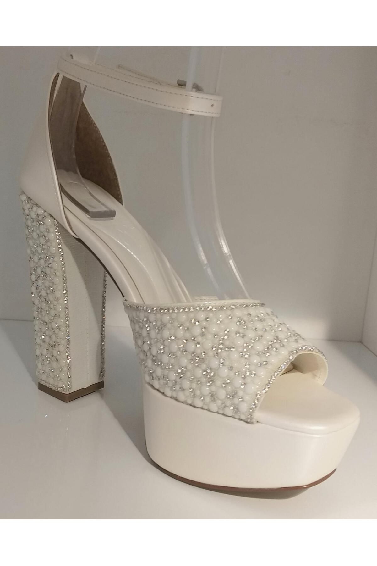 Guja-23y807 Women's Bride Flat Band Platform Heeled Jewelled Evening Dress Bridal Shoes 3