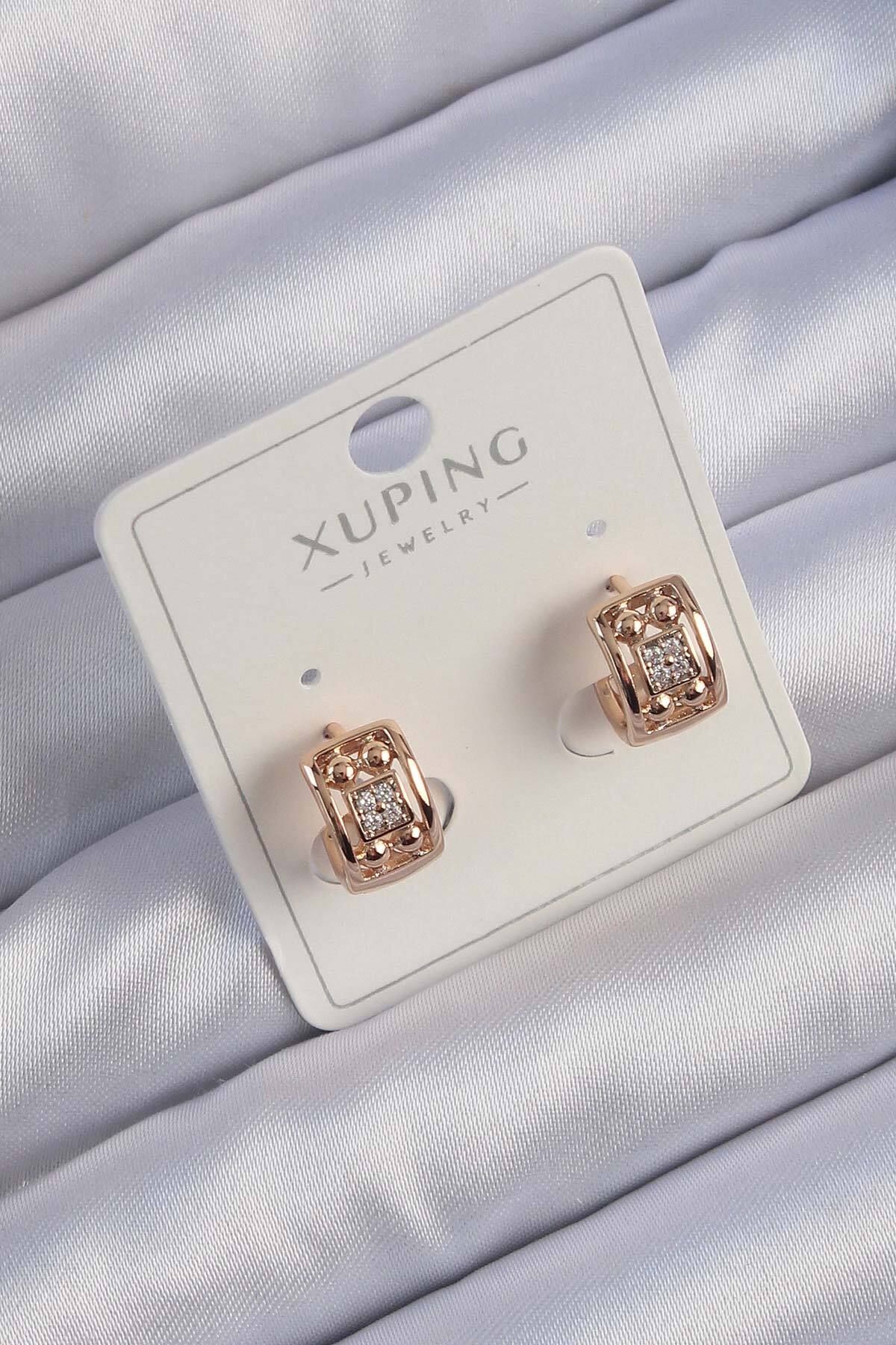 Tekno Yuva Xuping Rose Renk Zirkon Taşlı Geometrik Desenli Halka Küpe