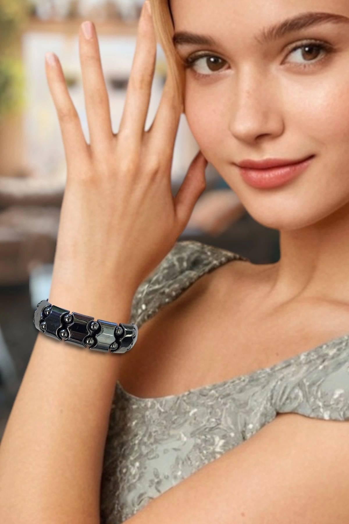 Pozitif Doğal Taş-Elastic Structured Hematite Bracelet - 543-2 2