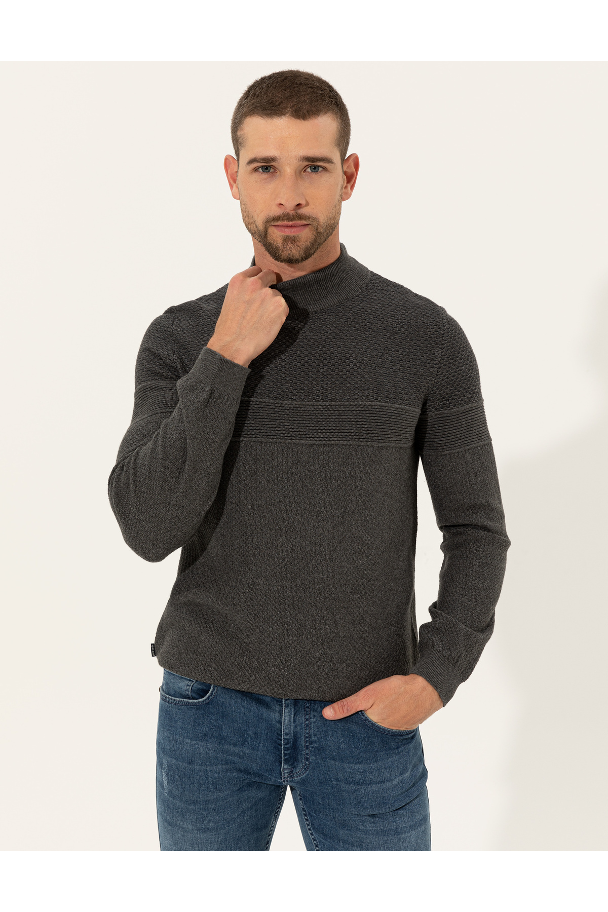 ژاکت بافتنی یقه اسکی خاکستری ملانژ اسلیم فیت 50241465-VR086 پیر کاردین پلیور Pierre Cardin