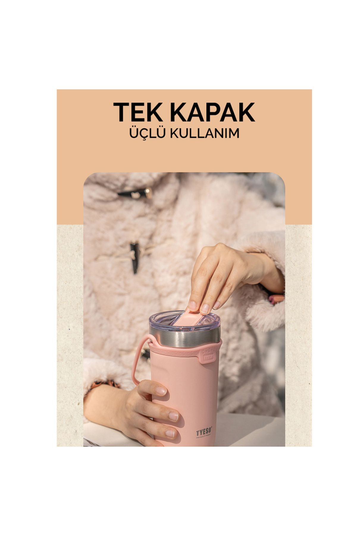 Tyeso-Soulmate Tumbler Vakumlu Paslanmaz Çelik Silikon Askı 550 ml Pembe 4