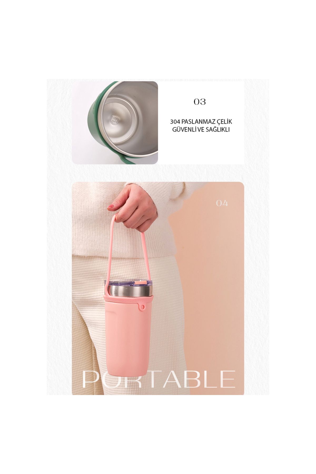 Tyeso-Soulmate Tumbler Vakumlu Paslanmaz Çelik Silikon Askı 550 ml Pembe 6