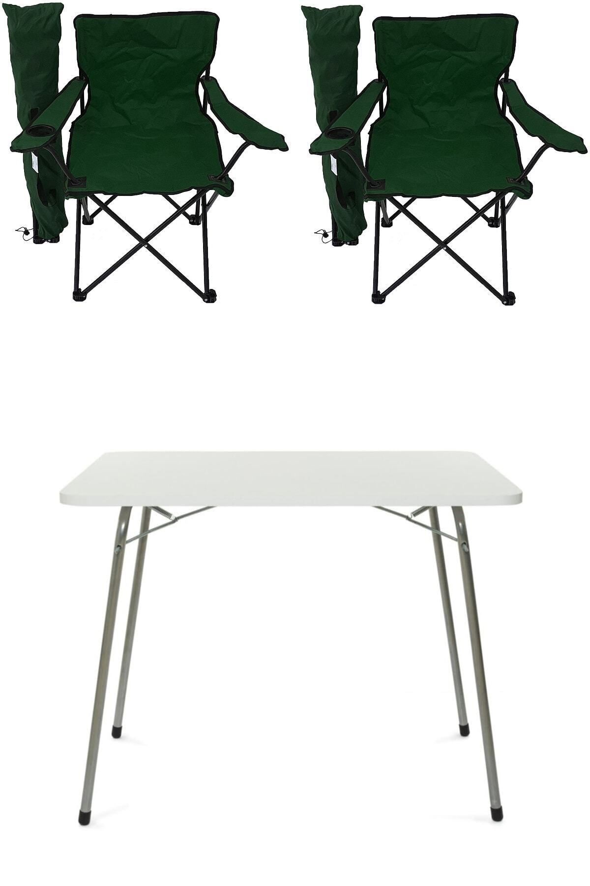 teknotrust 60x80 Katlanır Masa ve 2 Kamp Sandalyesi, Yeşil, Piknik ve Plaj için ideal set