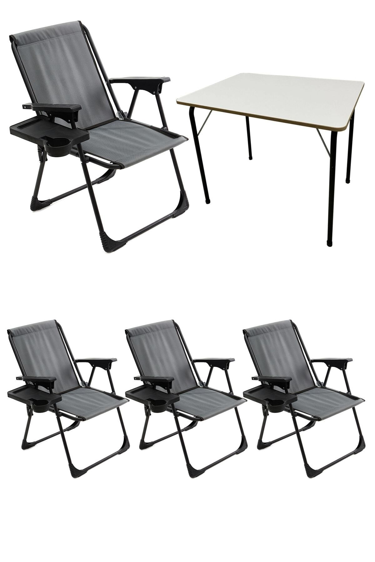 teknotrust Gri Katlanabilir Kamp Sandalyesi ve Mdf Masa Seti, 4'lü Paket