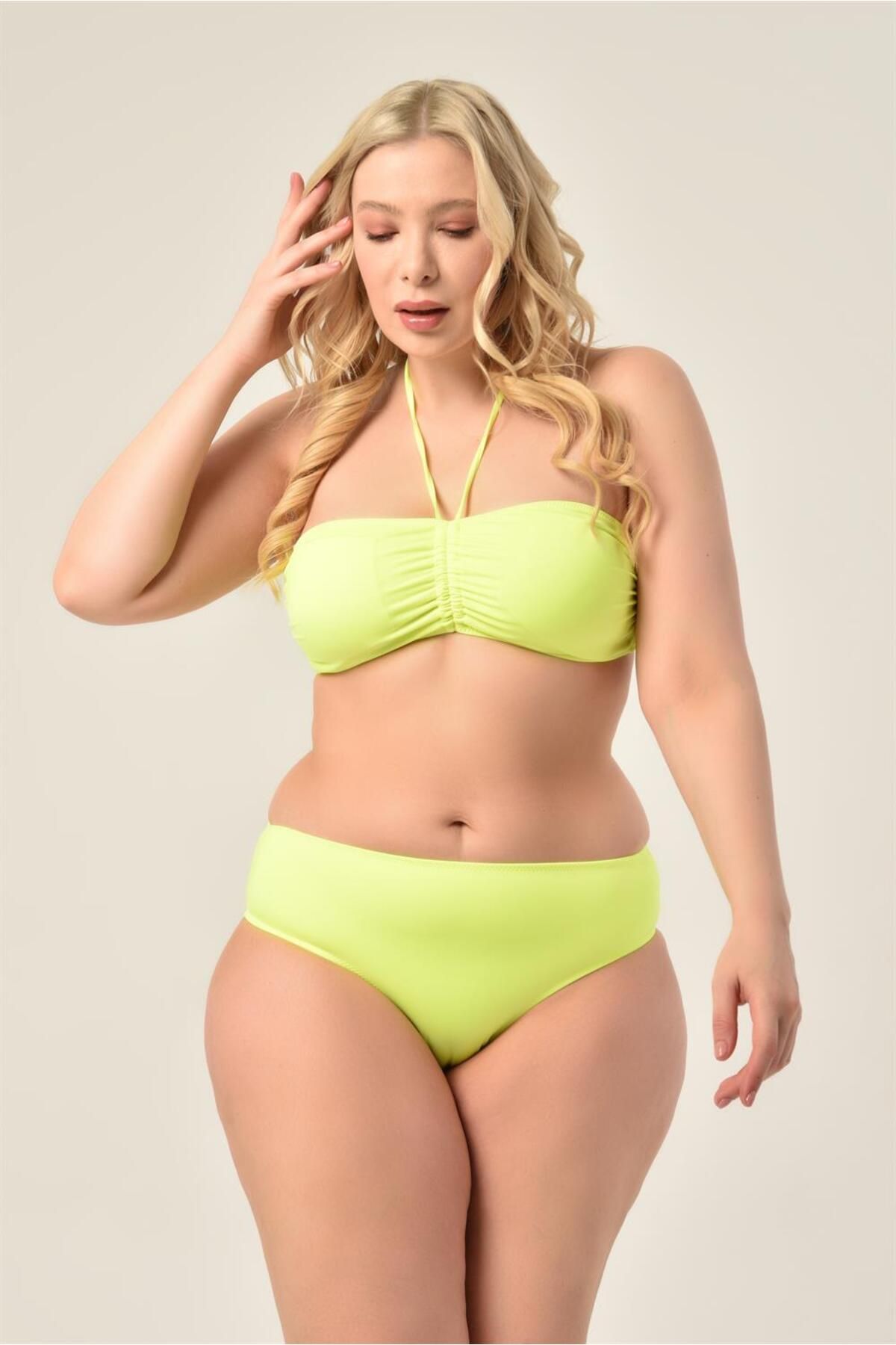 AQUAV VA Aquaviva Women s Plus Size Neon Green Strapless Halterneck Bikini Set Trendyol