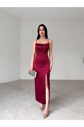 popibutik YIRTMAÇ DETAYLI ASKILI SATEN ELBİSE