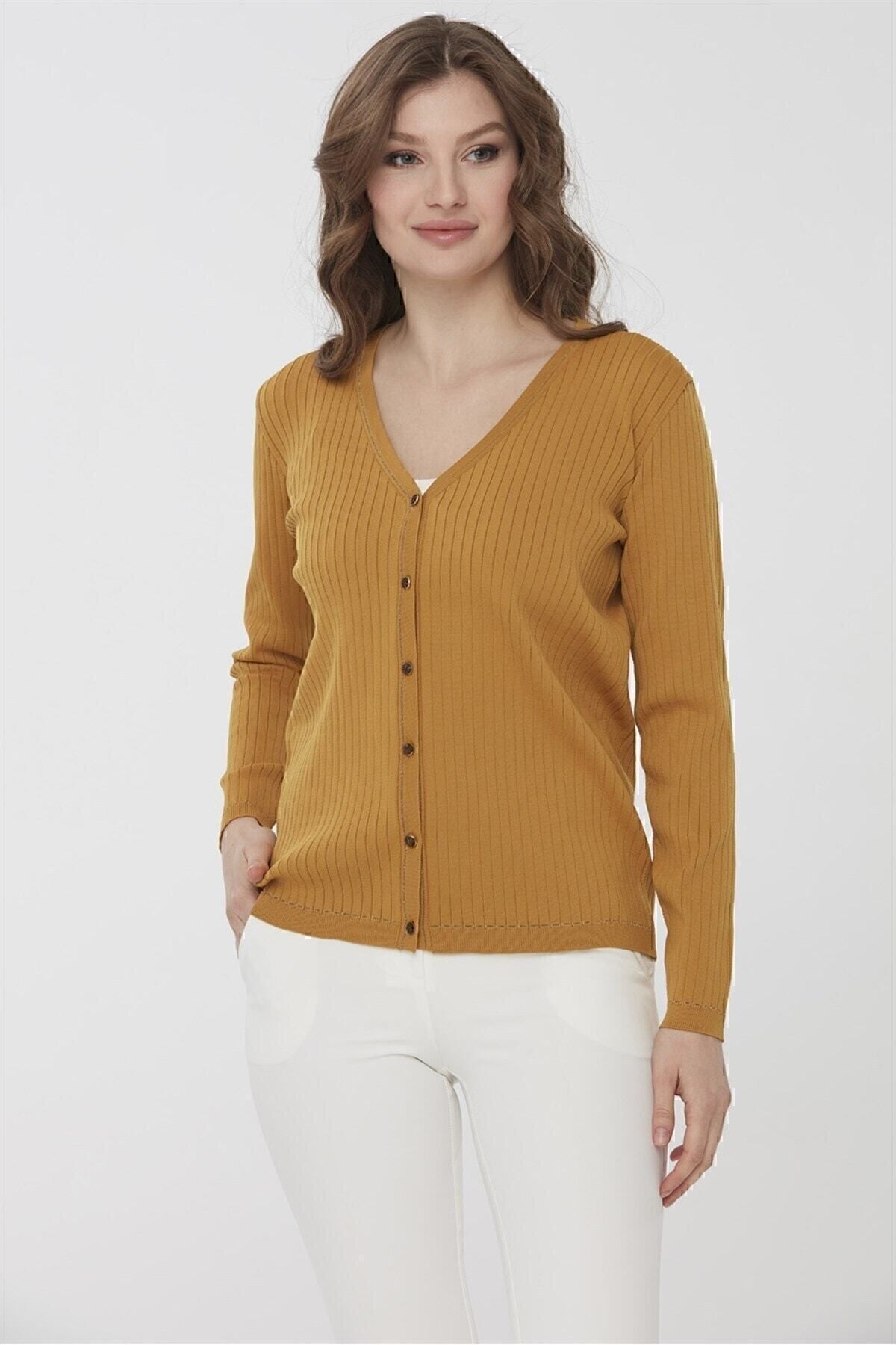 Desen Triko-Women's Lurex Knitwear Summer Cardigan Mustard 2