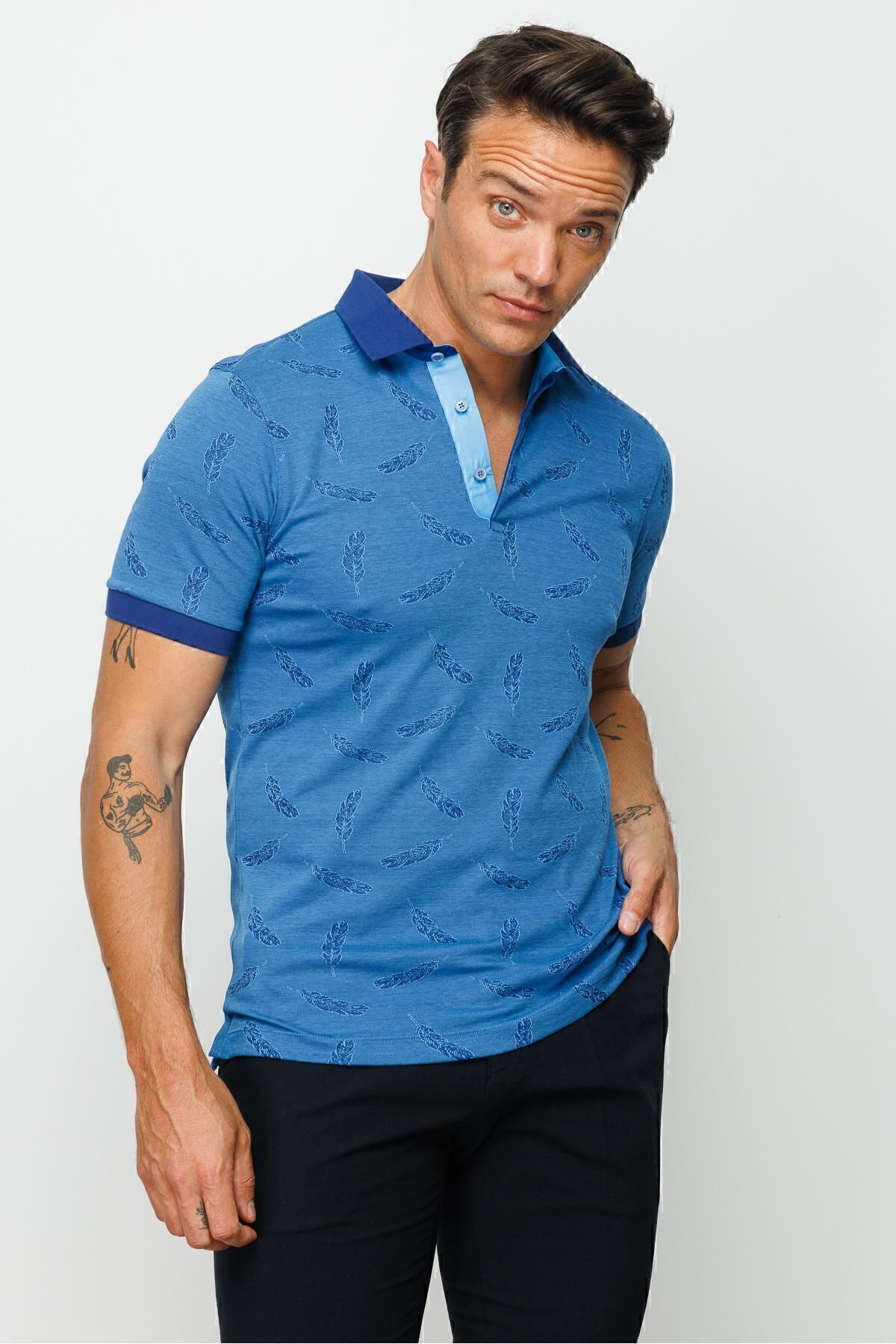 Men's Polo Neck Feather Patterned T-shirt Saxe